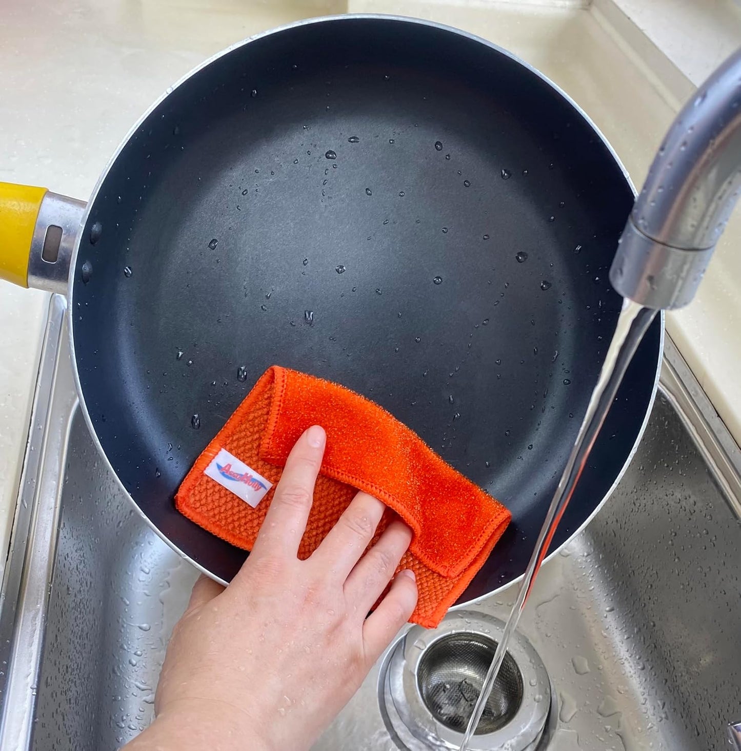 16 Pack Microfiber Scrub Dish Cleaning Cloth, Non-Scratch, Reusable & Durable for Pan Pot Dish Cooktop Stovetop Counter Kitchen Household, Machine Washable, 6 x 6 Inch, Orange & Blue Assorted