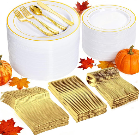 I00000 600 Pcs Gold Plastic Plates for 100 Guests.Disposable Plates for Party,Plastic Dinnerware Set of 100 Dinner Plates,100 Salad Plates,400 Gold Silverware Set(100 Spoons,100 Knives,200 Forks).