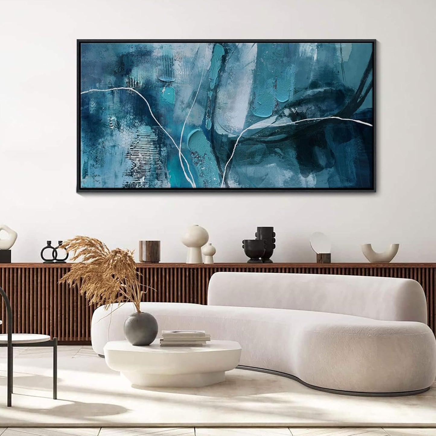 Abstract Canvas Wall Art -Blue-Green and Fan Art Large Wall Decor for Living Room Bedroom Decoration Framed Teal Pictures Artwork for Walls Size 29x58Inches