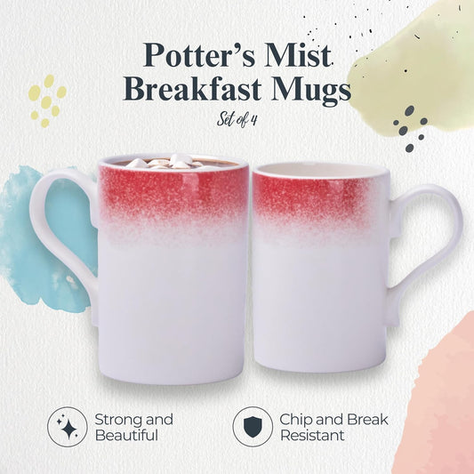 Portmeirion Potter's 9oz Mist Breakfast Mug (Set of 4) - Elegant Earthenware Tea Mugs with Handle, Microwave, Dishwasher & Freezer Safe - Classic Mist Design, Ideal Gift for Coffee Lovers (Red)