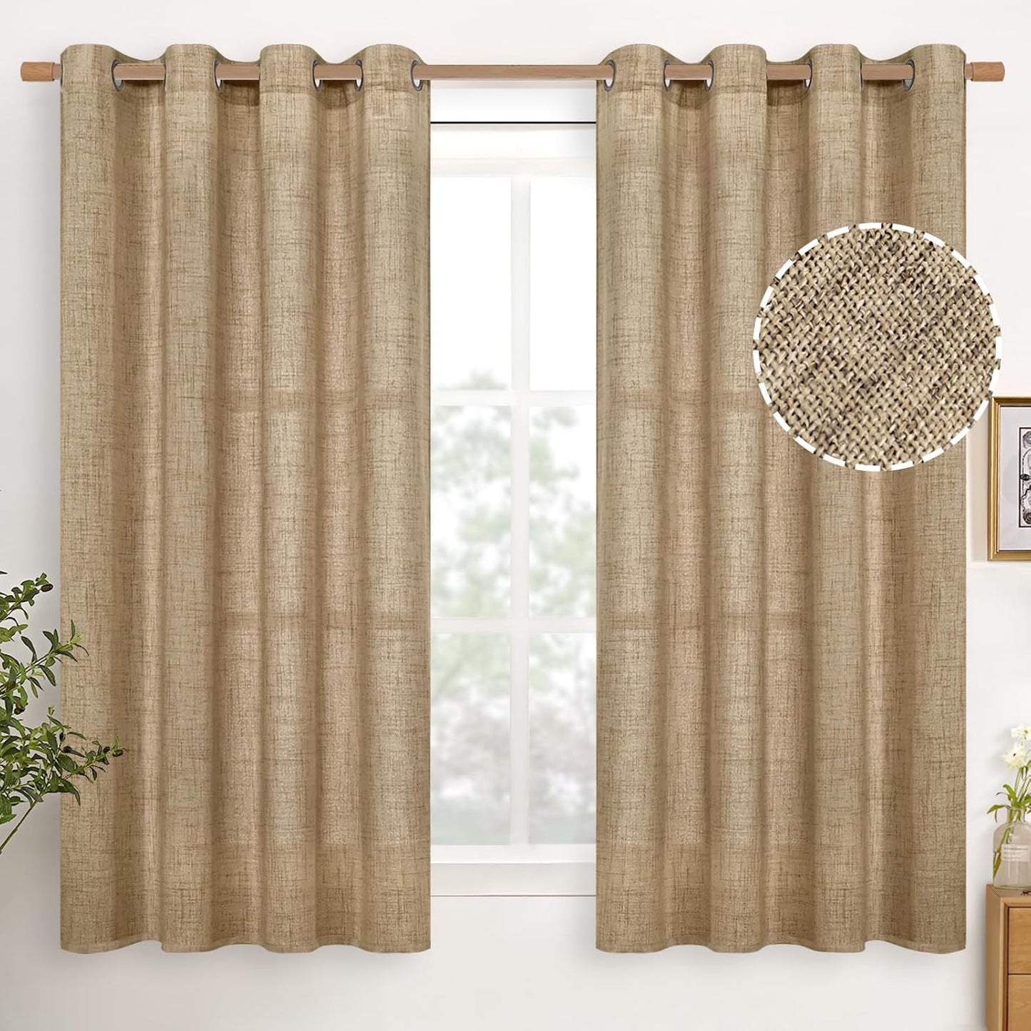 YoungsTex Burlap Linen Curtains 45 Inch Length for Kitchen Window, Short Semi Sheer Drapes with Bronze Grommet Light Filtering for Bedroom Bathroom Cafe, Toffee, 2 Panels, 52 X 45 Inch