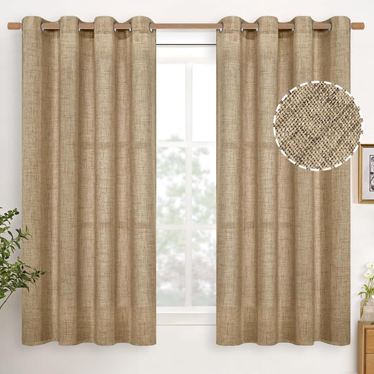 YoungsTex Burlap Linen Curtains 45 Inch Length for Kitchen Window, Short Semi Sheer Drapes with Bronze Grommet Light Filtering for Bedroom Bathroom Cafe, Toffee, 2 Panels, 52 X 45 Inch