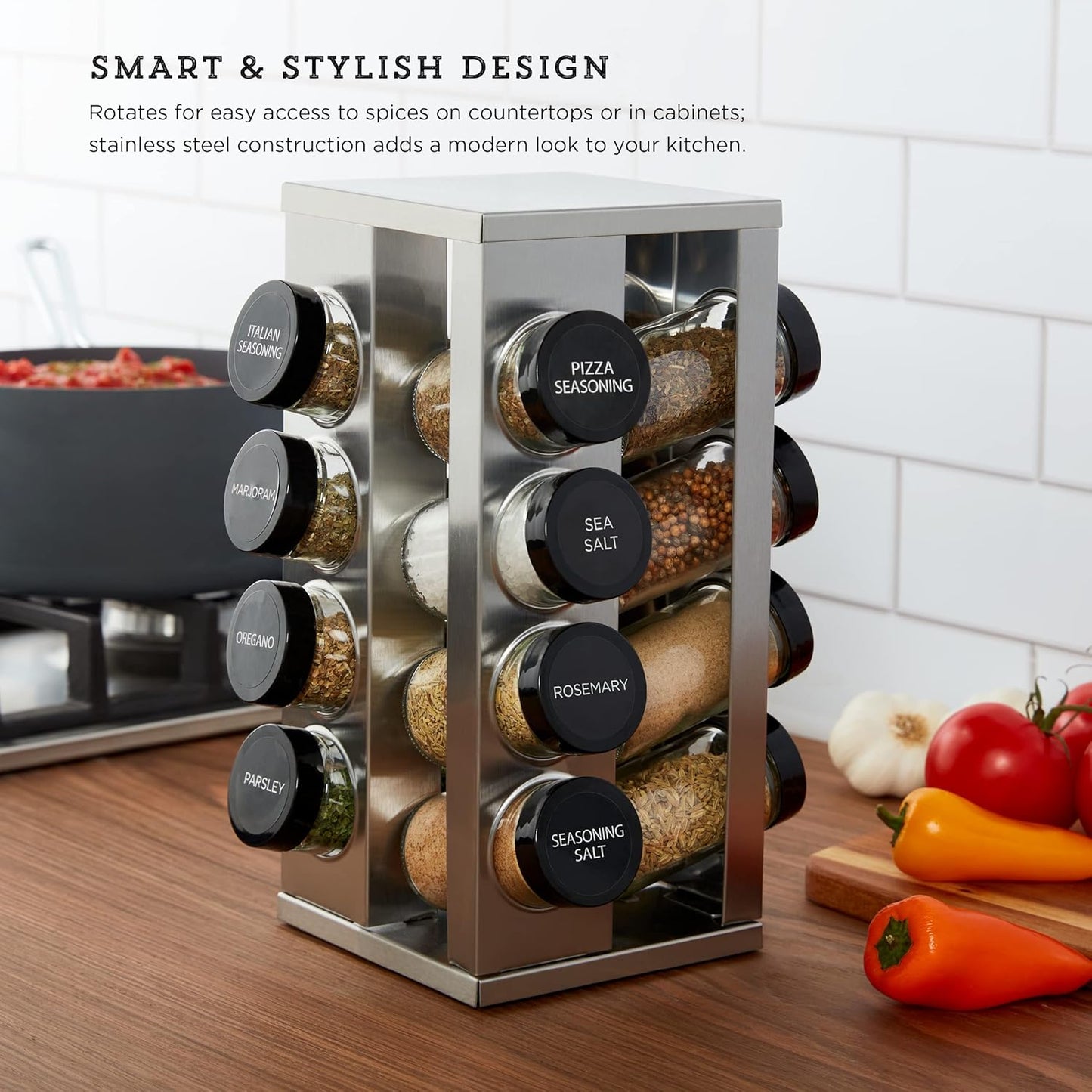 Kamenstein 16 Jar Heritage Revolving Countertop Spice Rack Organizer with Spices Included, FREE Spice Refills for 5 years, Brushed Stainless Steel with Black Caps