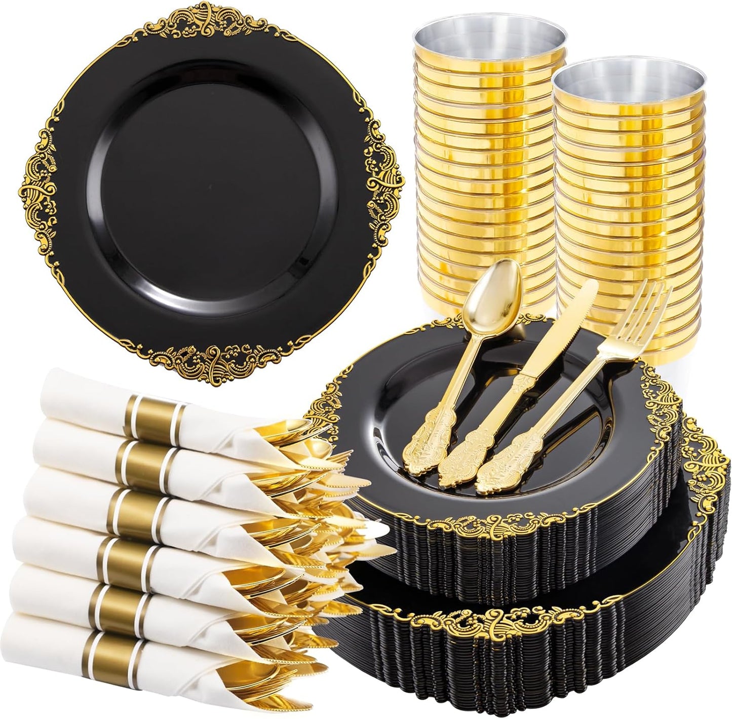 Hioasis 210pcs Black and Gold Plastic Plates - Disposable Dinnerware Set Suitable for 30 Guests Include 10.25" Dinner & 7.5" Dessert Plates, Pre Rolled Silverware Set, Cups for Party & Halloween