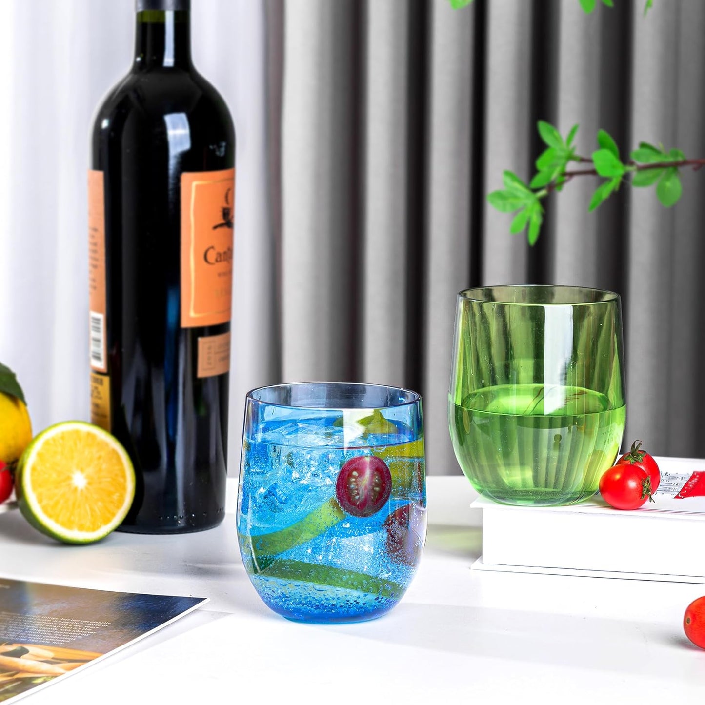 14-ounce Plastic Stemless Wine Glasses, All Purpose Arcylic Glasses, set of 8 Multicolor Reusable Shatter-resistant Dishwasher Safe