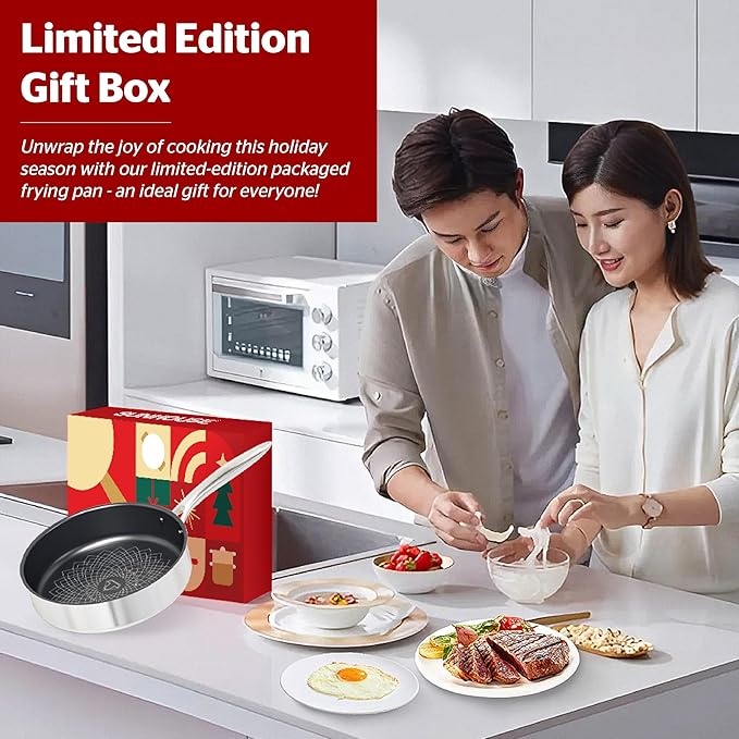 Sunhouse Titanium-Coated Tri-Ply Stainless Steel Pan, 10 inch frying pan, Non-Toxic, PFAS PFOA & PTFE Free, Oven Safe, Compatible with All Cooktops, Perfect Gifts for Mom or Dad, Premium gift box