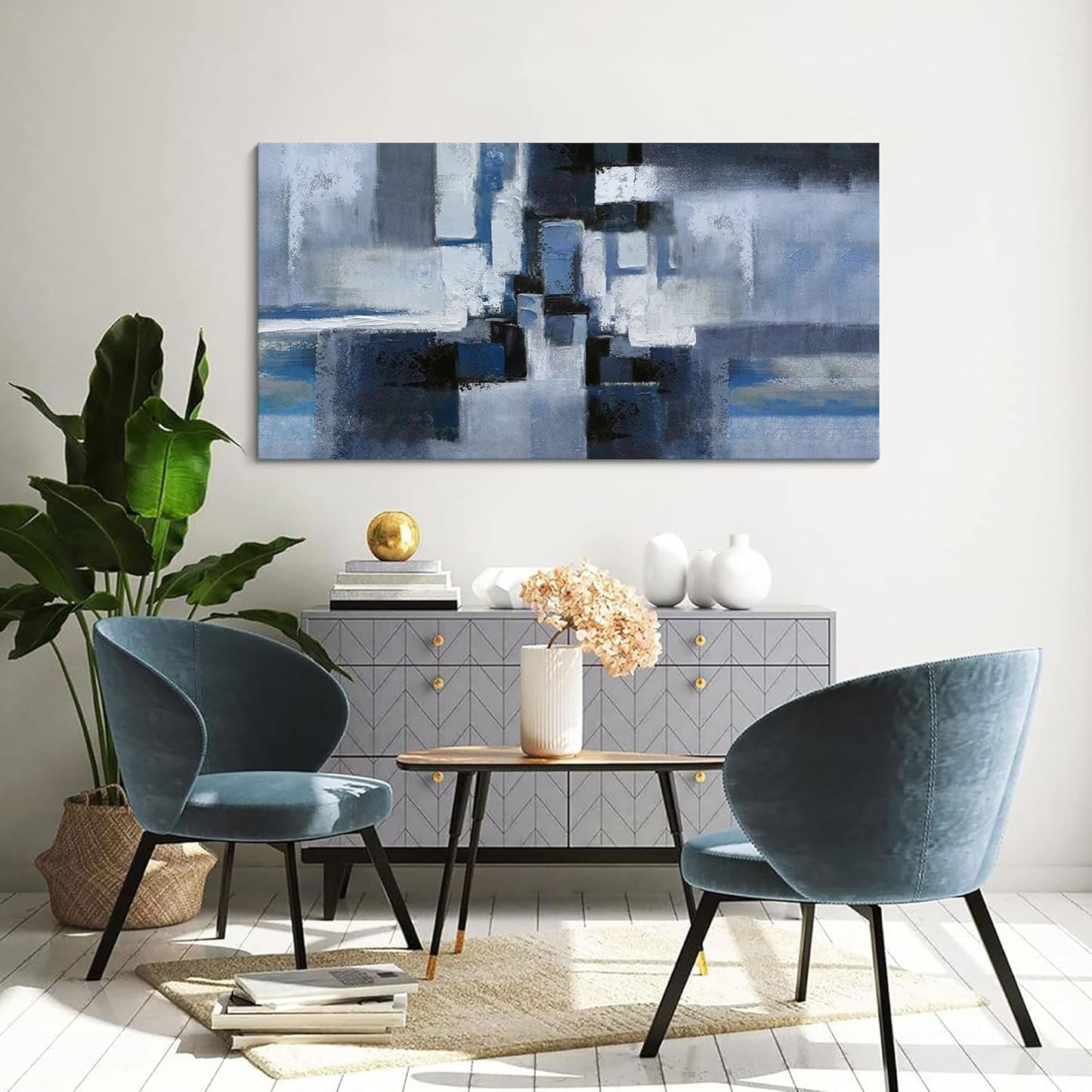 KLAKLA Large Abstracr Wall Art - Blue and Black Canvas Picture for Living Room Wall Decor - Bedroom Art Framed Artwork - Modern Wall Art - 24x48