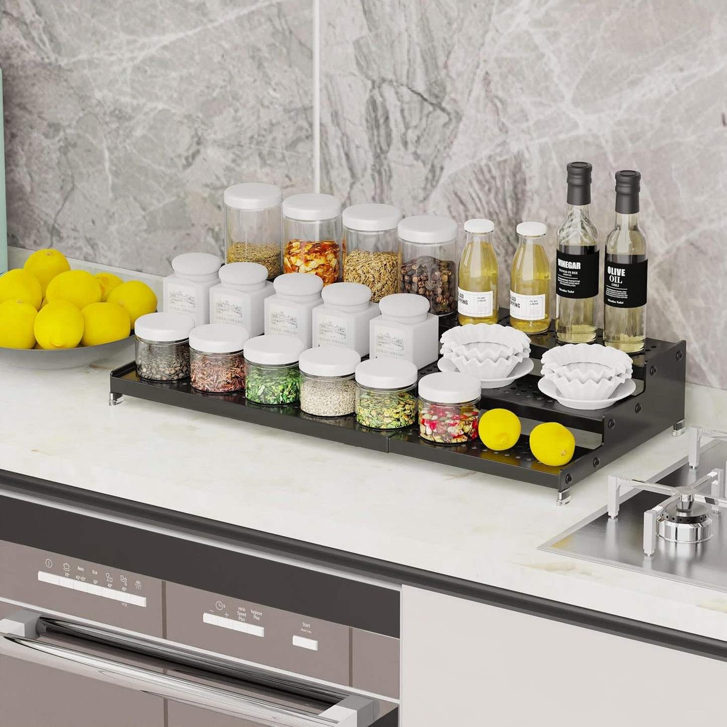 Expandable Spice Rack organizer with 3-Tier step shelf,Modern Design heavy duty,Non Skid and Visibility ,Great for Kitchen Cabinet,Bathroom,dressing table,Cupboard, Pantry and more(3PACKS/BLACK)