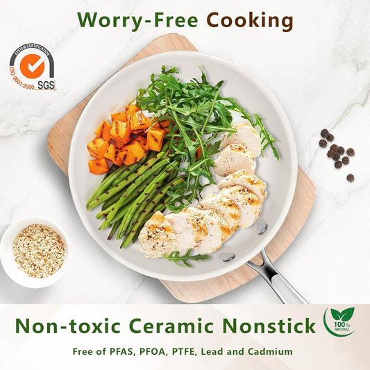9.5 Inch Nonstick Ceramic Frying Pan, Tri-Ply Stainless Steel Skillet with Stay-Cool Handle, PFAS/PFOA/PTFE Free, No Seasoning Required, High Heat & Induction Safe, Dishwasher/Oven Safe