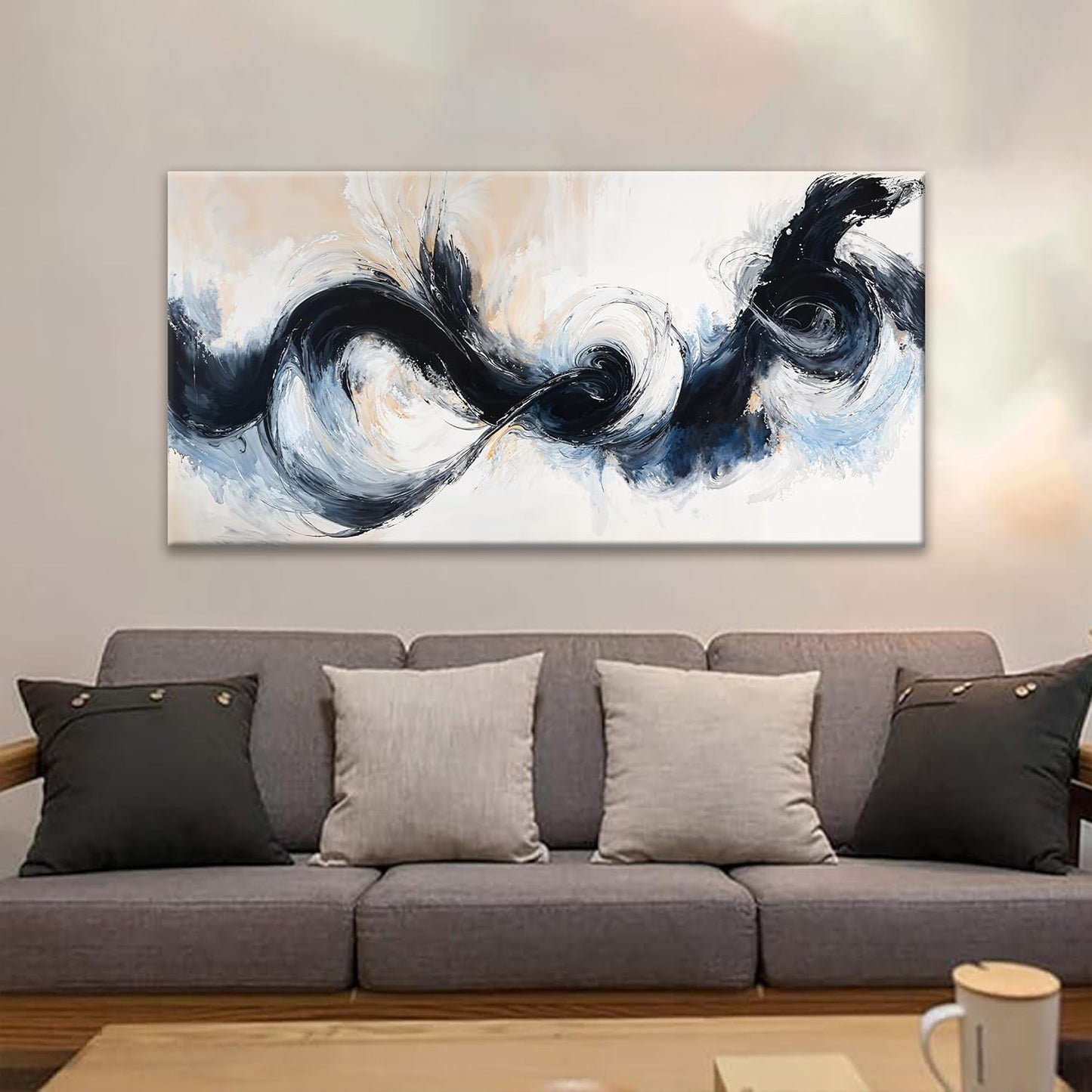 Suconvng Canvas Art Wall Decor Painting Black And White Abstract Wall Art For Living Room Modern 24" X 48"Graffiti Abstract Wall Decor Prints Artwork For Bedroom Home Wall Artwork