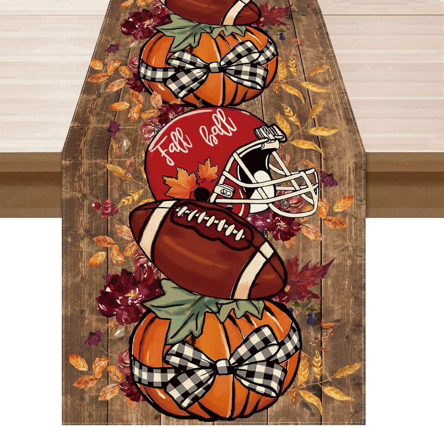 XCHI Fall Football Pumpkin Wood Table Runner Table Decoration for Kitchen Dining Dinner Autumn Home Decor 13x60 Inch