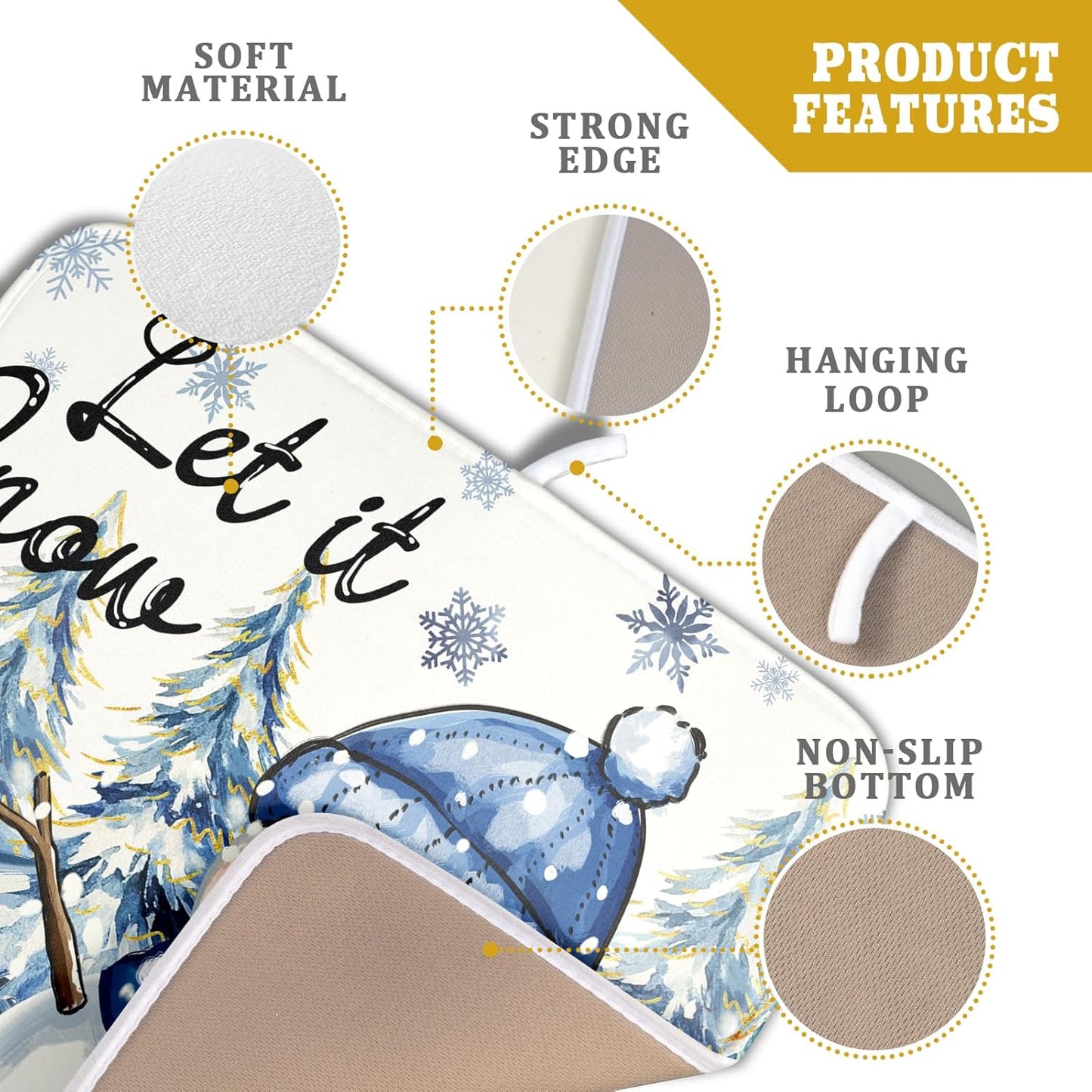 Hello Winter Dish Drying Mats 16x18 Inch, Xmas Holiday Snowman Pine Trees Snowy Seasonal Washable Microfiber Drainer Rack Absorbent Pad Kitchen Counter Coffee Bar Protector