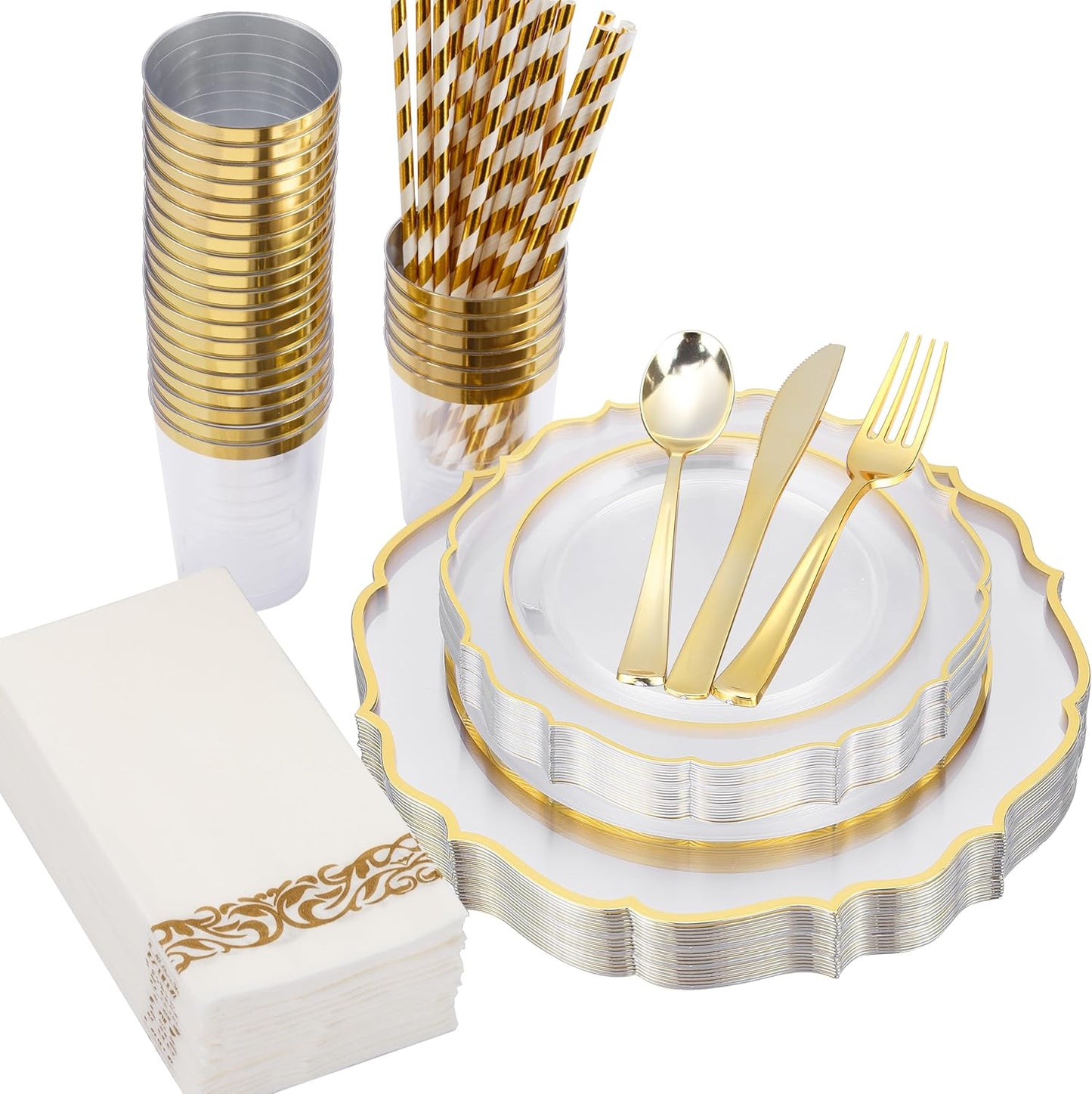 200 PCS Baroque Clear Gold Dinnerware Set for 25 Guests,Gold Rimmed Heavy Duty Plastic Disposable Plates for Party Wedding with Napkins,25Dinner Plates,Dessert Plates,Spoons,Forks,Knives,Cups