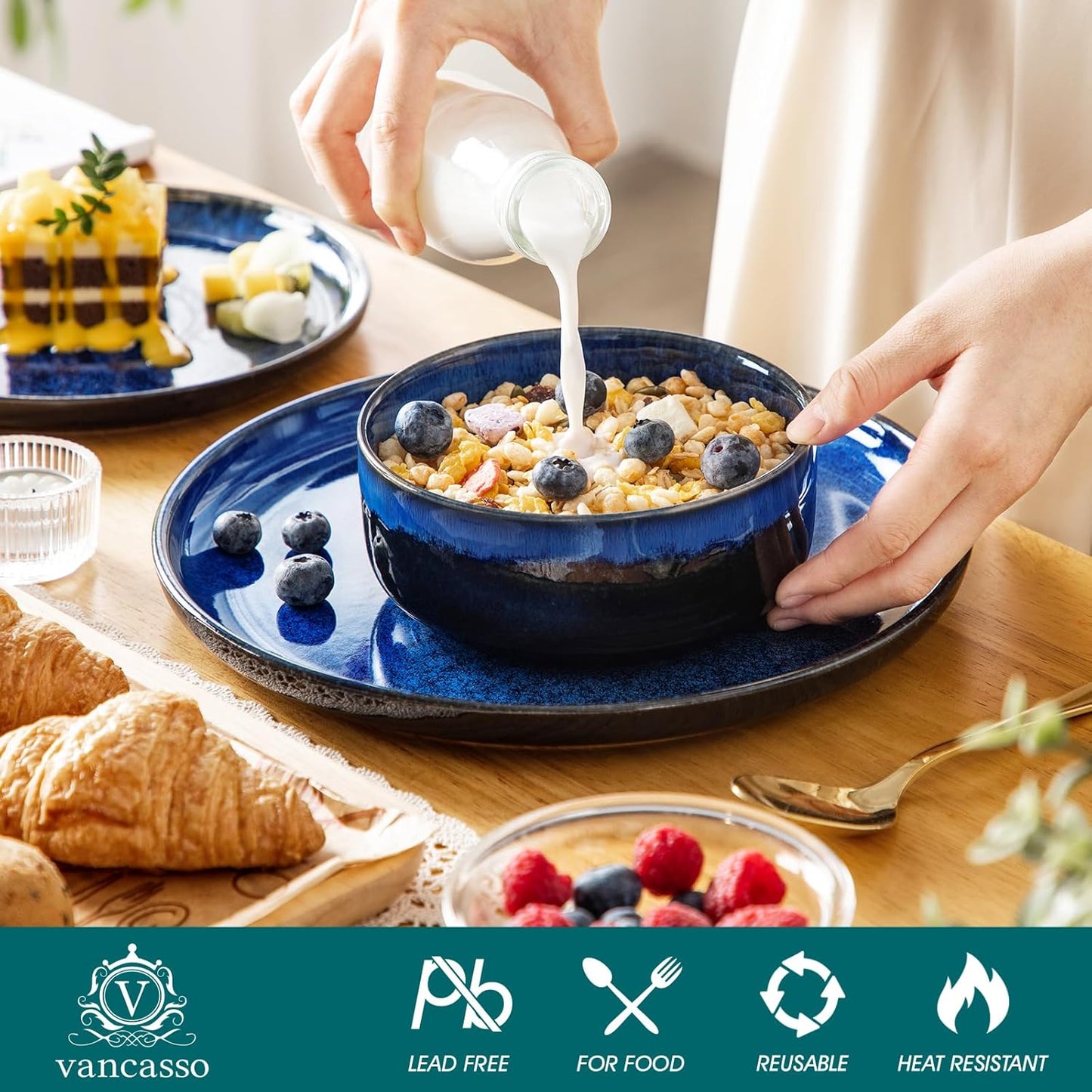 vancasso Starry 18 Pieces Dinnerware Sets for 6, Blue Reactive Glaze Dishes Sets, Ceramic Plates and Bowls Set, Dinner Salad Dessert Plates, and Cereal Bowls Set, Dishwasher and Microwave Safe