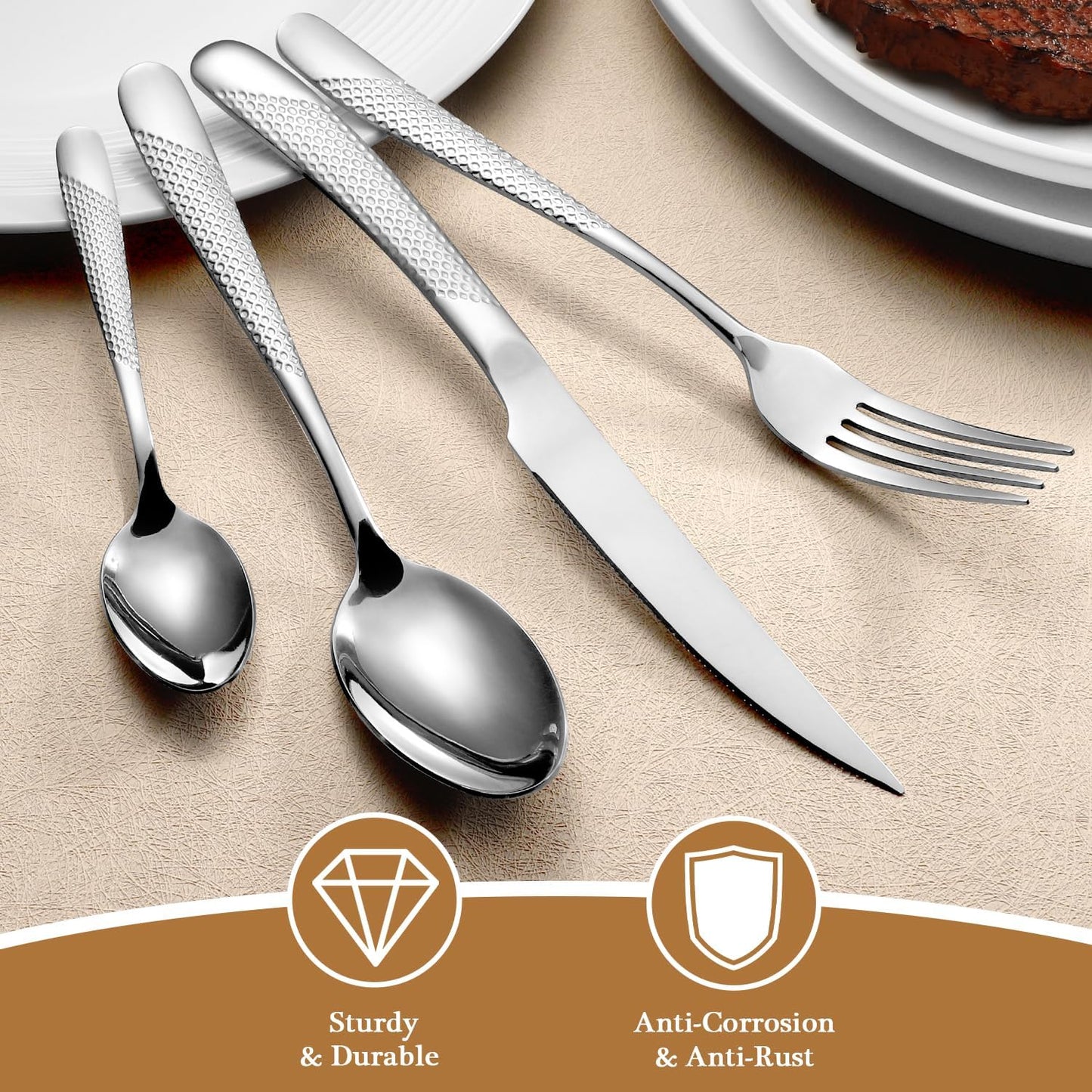 16 Piece Hammered Silverware Set for 4, Premium Food-grade Stainless Steel Flatware Set, Modern Design & Mirror Polished Cutlery Set, Eating Utensil Set Include Fork Knife Spoon Set, Dishwasher Safe