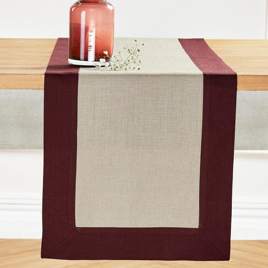 Solino Home Linen Table Runner 120 Inches Long - 100% Pure Linen Burgundy and Natural Table Runner 14 x 120 Inch for Fall, Autumn, Thanksgiving, Christmas - Contempo