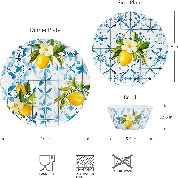 Bzyoo 12-Piece Melamine Dinnerware Set - Lemon Tiles | Lightweight, Durable, BPA-Free | Dishwasher Safe Dish Set for Indoor & Outdoor Use - Perfect for Camping, BBQs