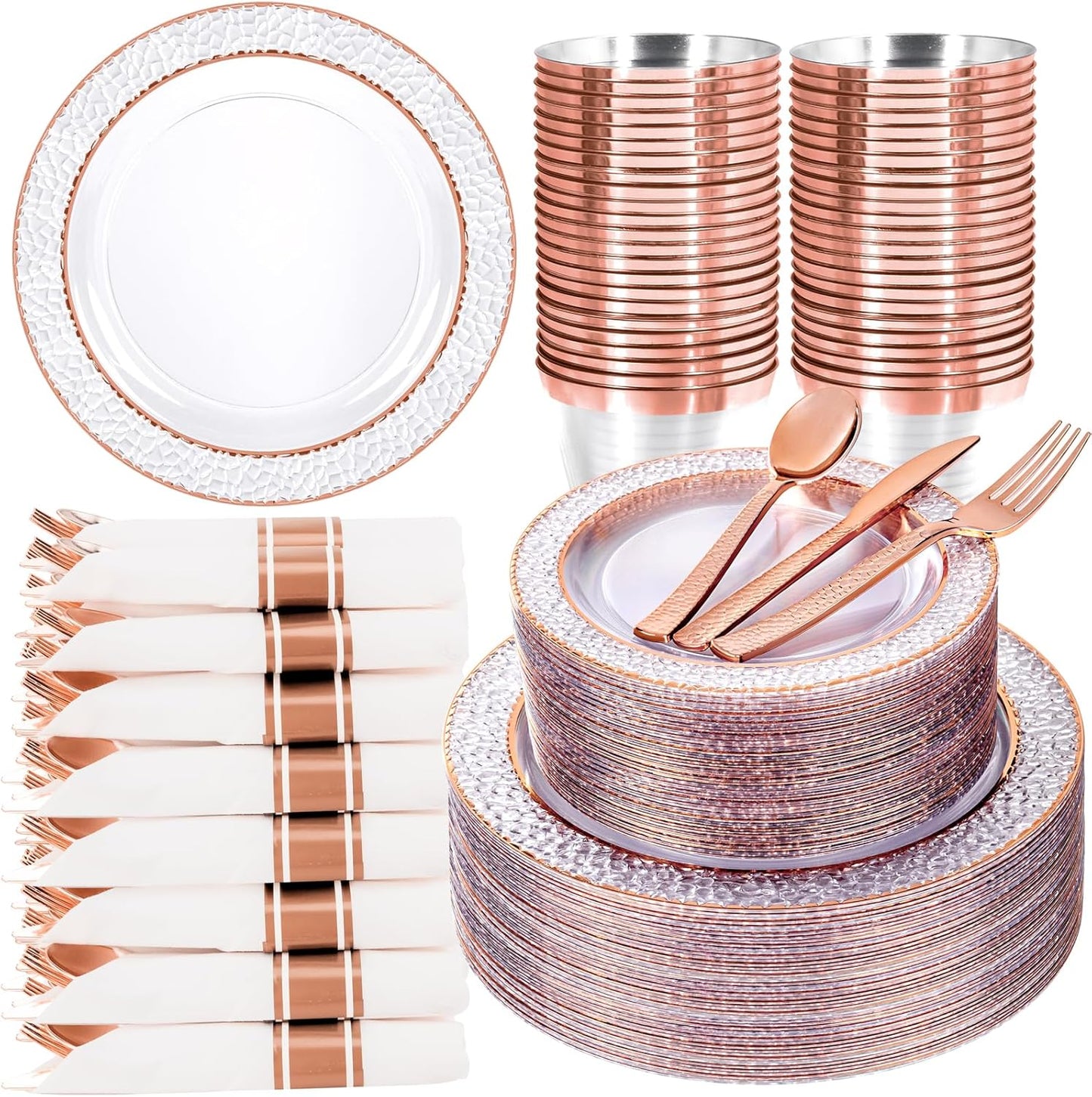 Ciaell 350PCS Rose Gold Plastic Plates - Clear Rose Gold Disposable Plates with Plastic Silverware include 100Plates, 150Silverware, 50Cups, 50Napkins for Wedding & Party & Baby Shower