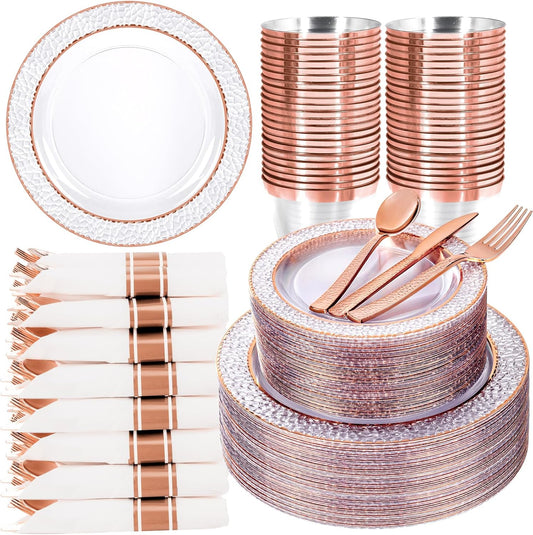 Ciaell 350PCS Rose Gold Plastic Plates - Clear Rose Gold Disposable Plates with Plastic Silverware include 100Plates, 150Silverware, 50Cups, 50Napkins for Wedding & Party & Baby Shower