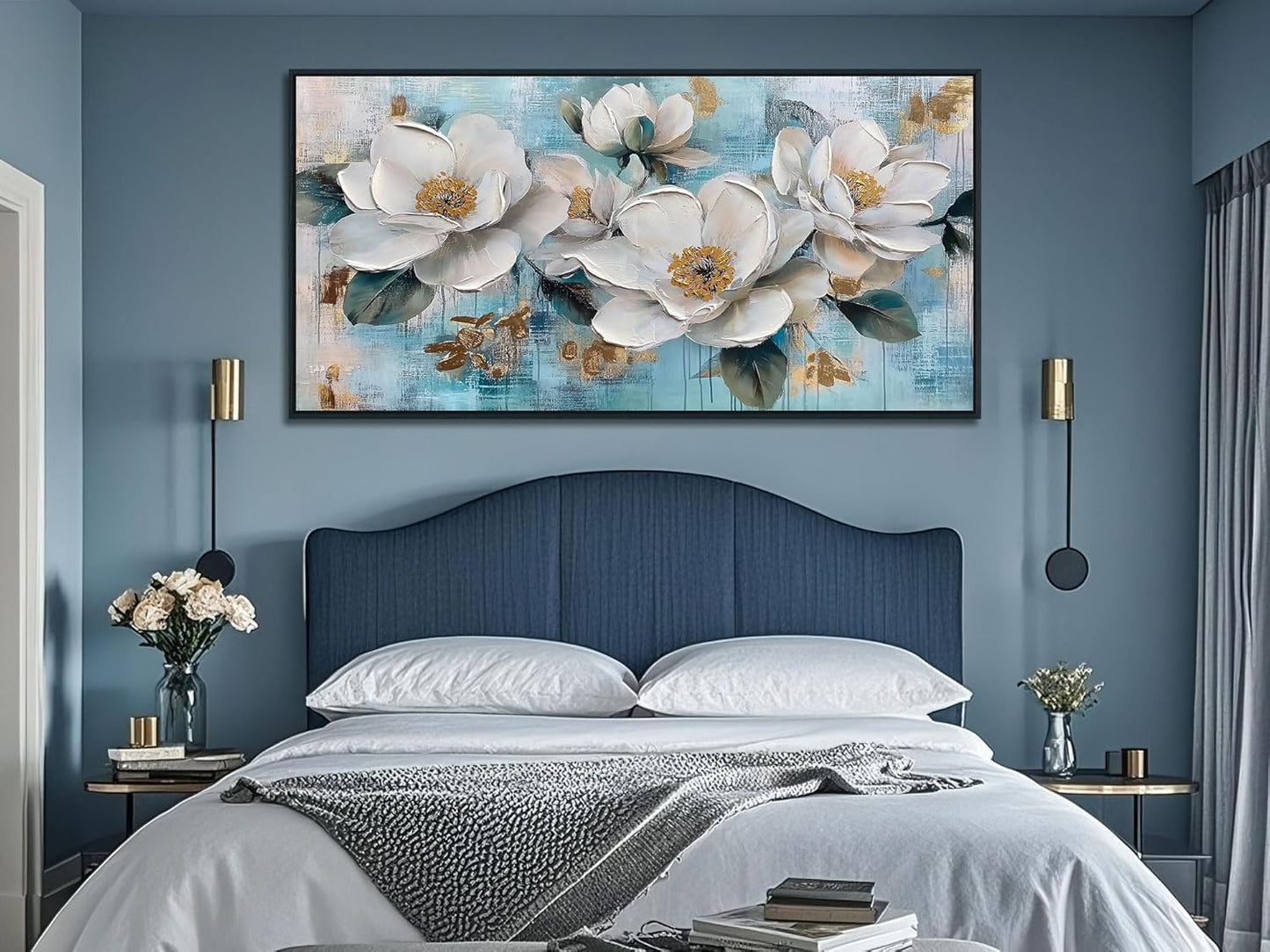 Ardemy White Floral Wall Art, Framed Canvas Wall Art For Living Room Large Teal Pictures Wall Decor Flower Paintings Artwork for Walls Dining Room Bedroom Home Office 48"x24"