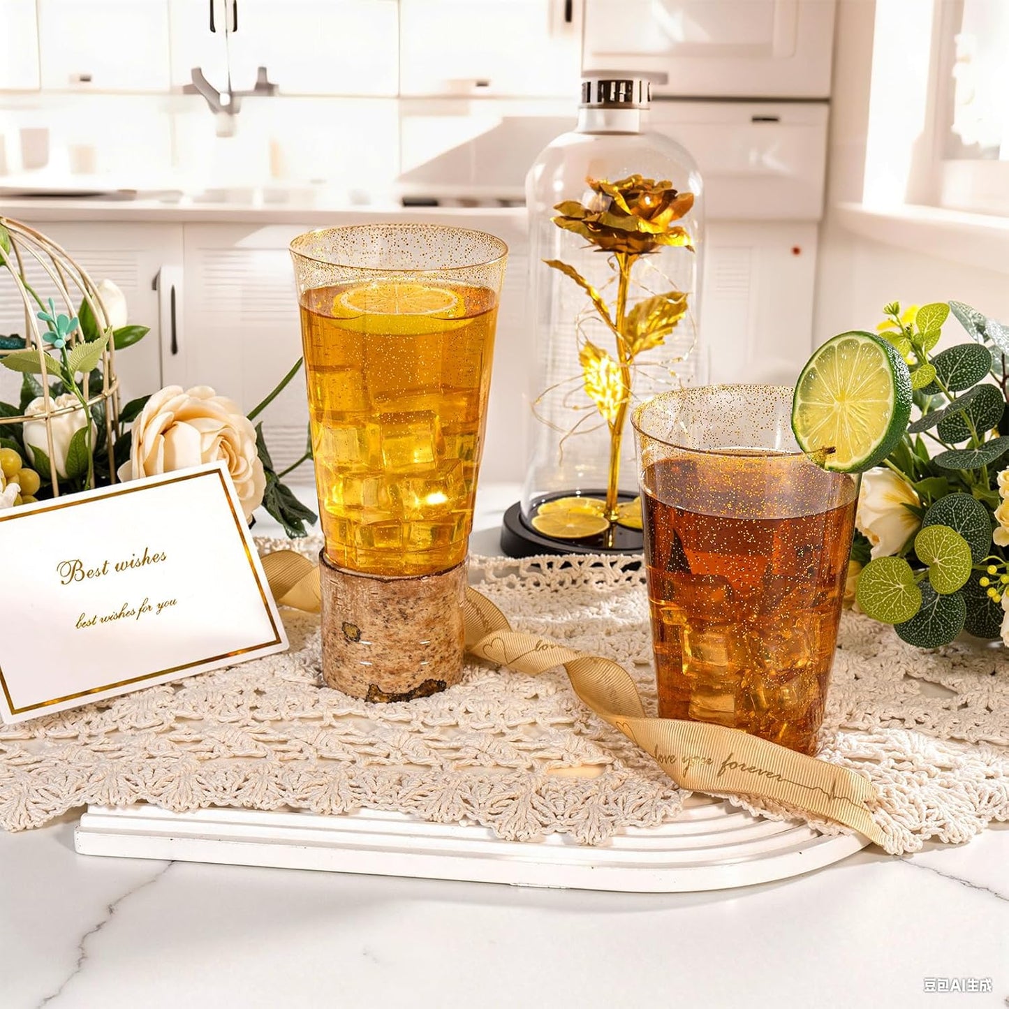 I00000 100 Pack 18 oz Gold Plastic Cups, Gold Glitter Cups Disposable Plastic Wine Glasses Cocktail Glasses Premium Cup, 18 Ounce Glitter Disposable Tumblers for Party & Wedding