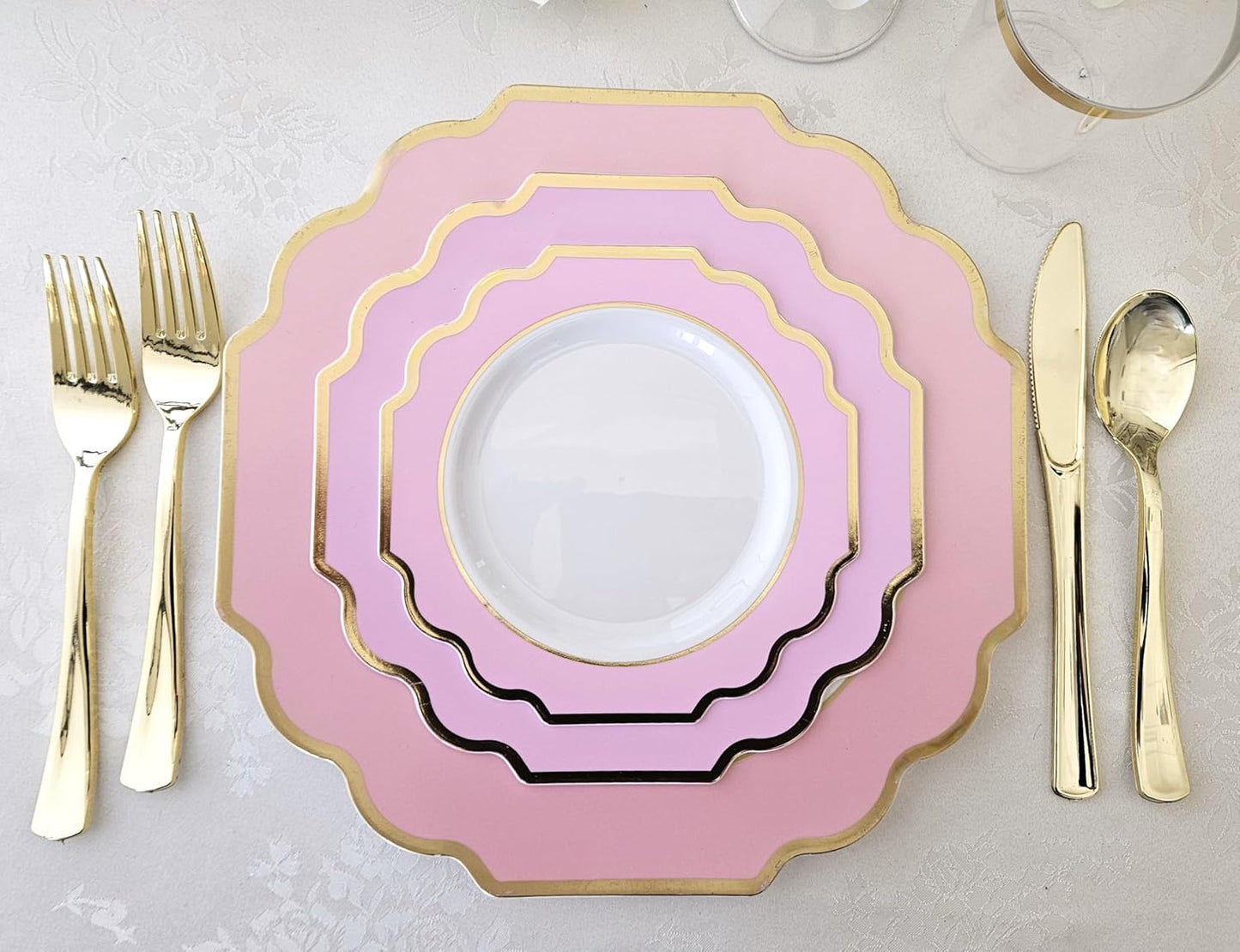 " OCCASIONS " 240 Plates Pack (120 Guests) Heavyweight Wedding Party Disposable Plastic Plates Set -120 x 10.5'' Dinner + 120 x 8'' Salad/Dessert Plate (Imperial in Light Pink & Gold)