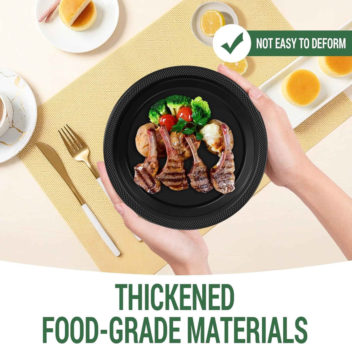 50 Black Plastic Plates For Party, Includes 25-9" & 25-7" Cake Dessert Plastic Dinner Plates Disposable For Party Supplies