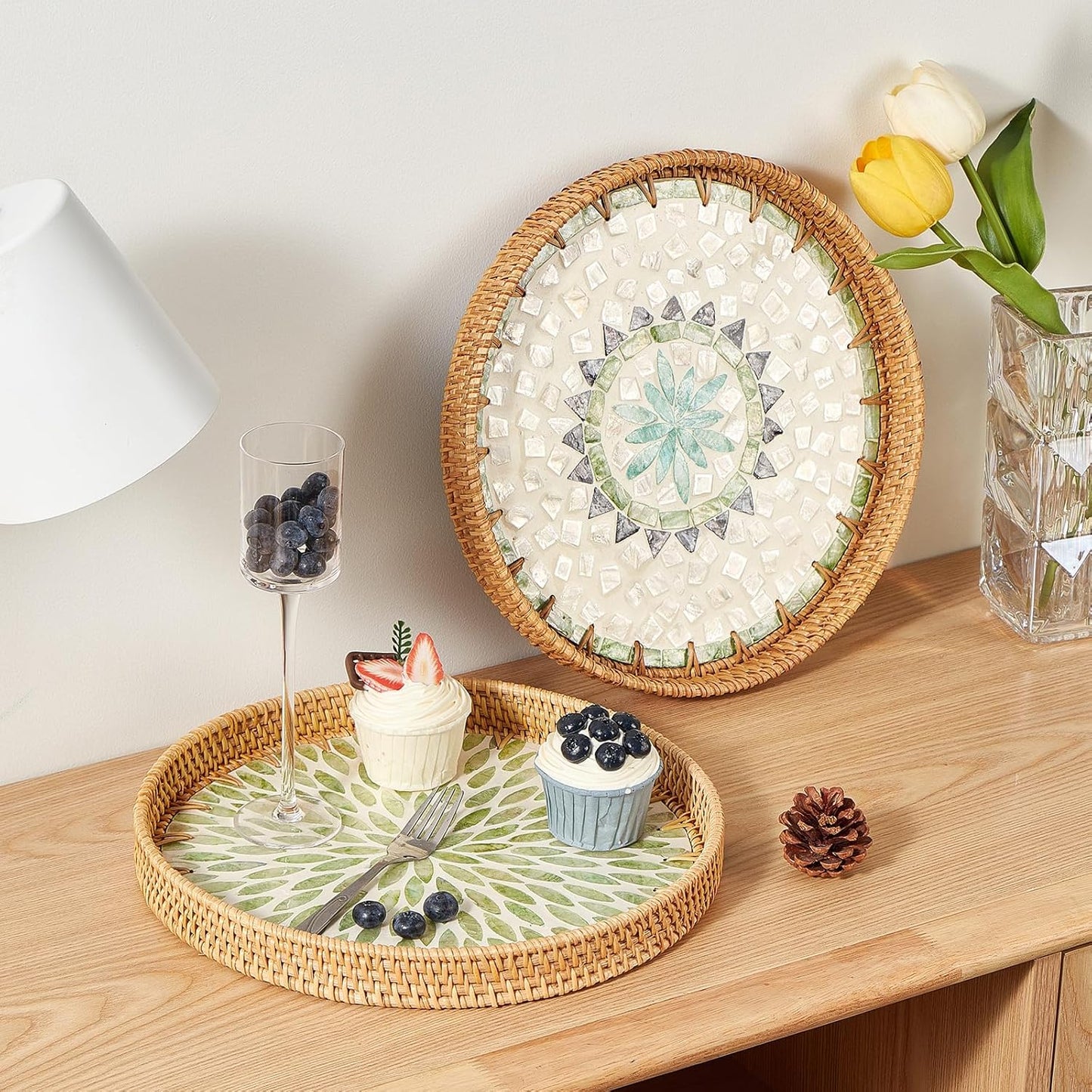 Round Rattan Tray with Mother of Pearl Inlay, Rattan Serving Tray with Wooden Base, Decorative Wicker Basket for Table Decor, Storage and Display of Coffee Bread Food Fruit (Bohemia)