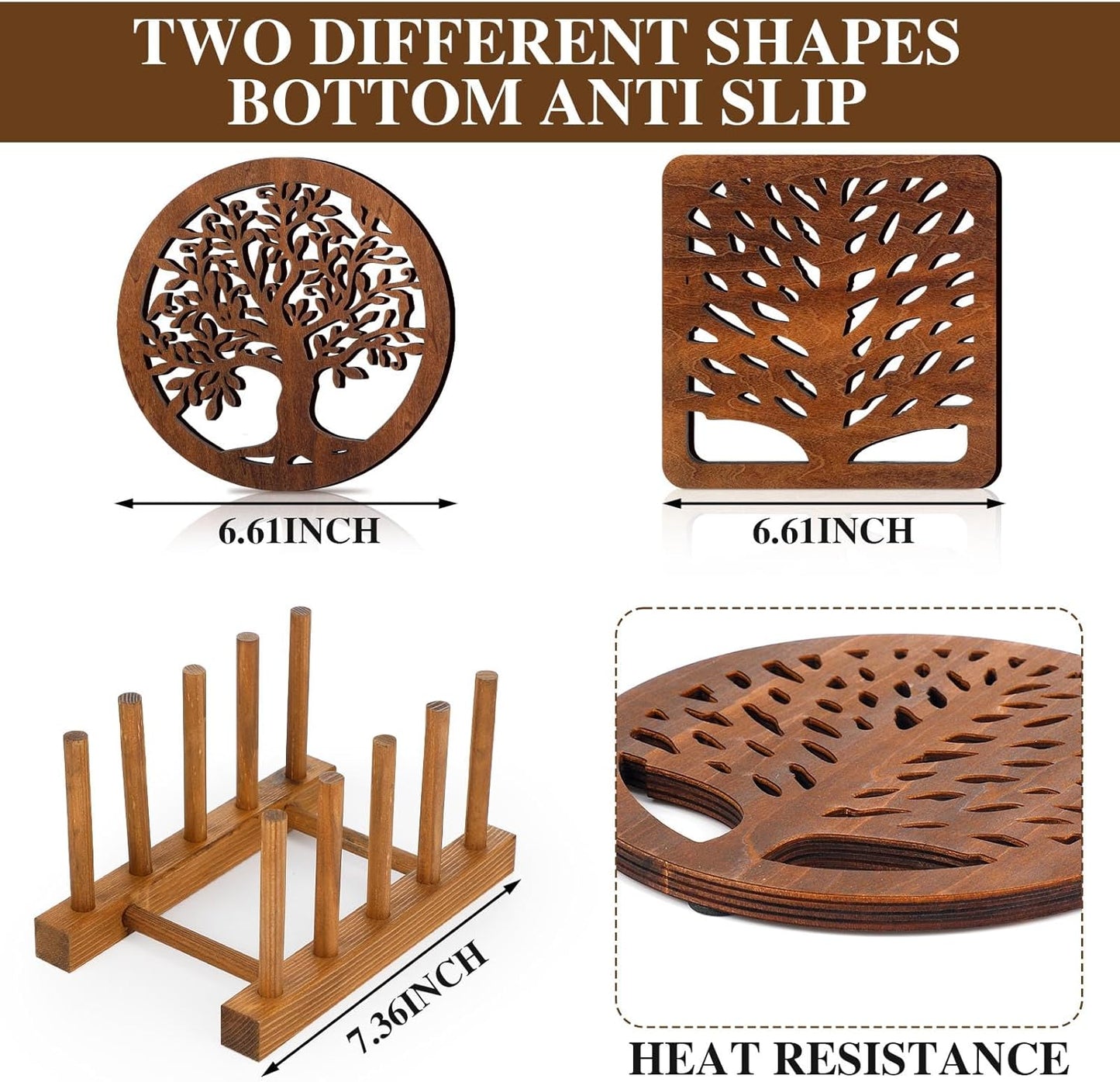 5 Pcs Life Tree Wooden Trivets with Storage Rack Hot Pads Trivets for Hot Dishes Pots and Pans Heat Resistant Mat Set Tea Pot Holders for Kitchen Dining Table(Dark Wood)