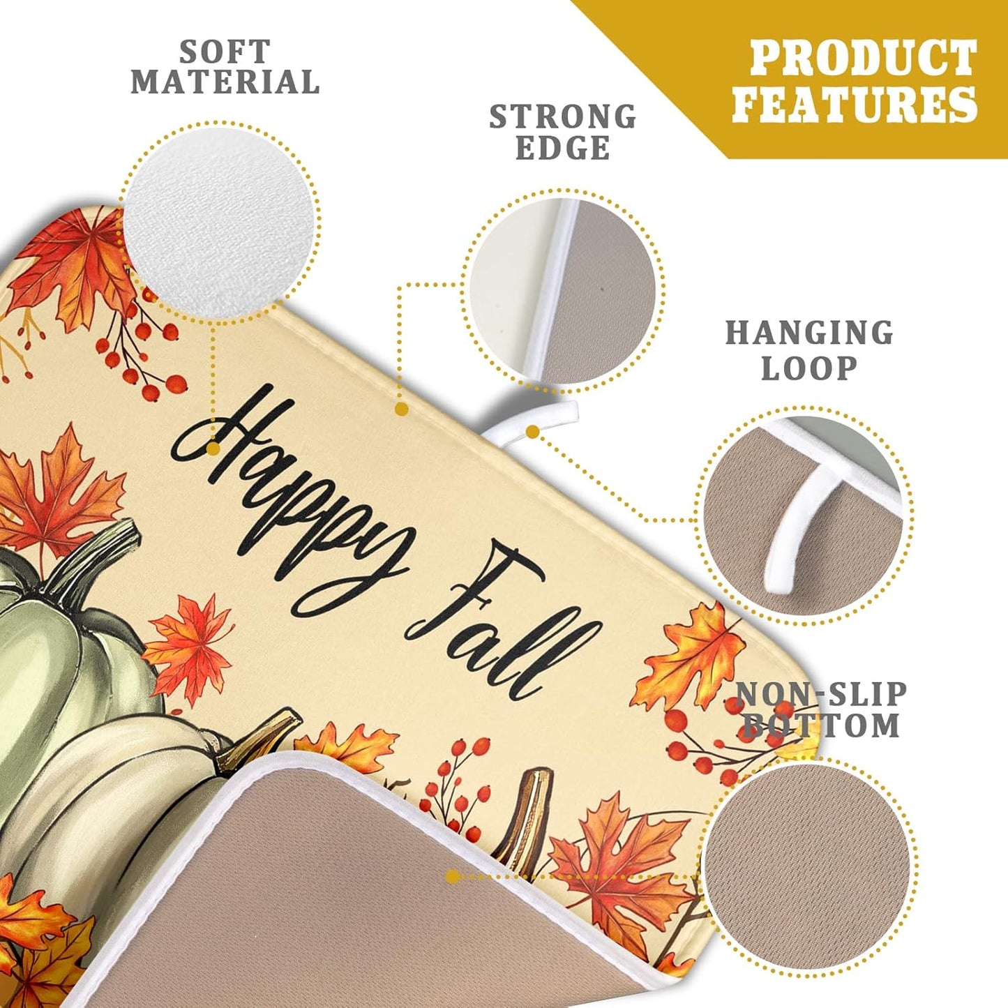 Happy Fall Dish Drying Mats 16x18 Inch, Autumn Orange Pumpkin Maple Leaves Seasonal Style Microfiber Drainer Rack Absorbent Pad for Kitchen Countertop Coffee Bar Holiday Decor
