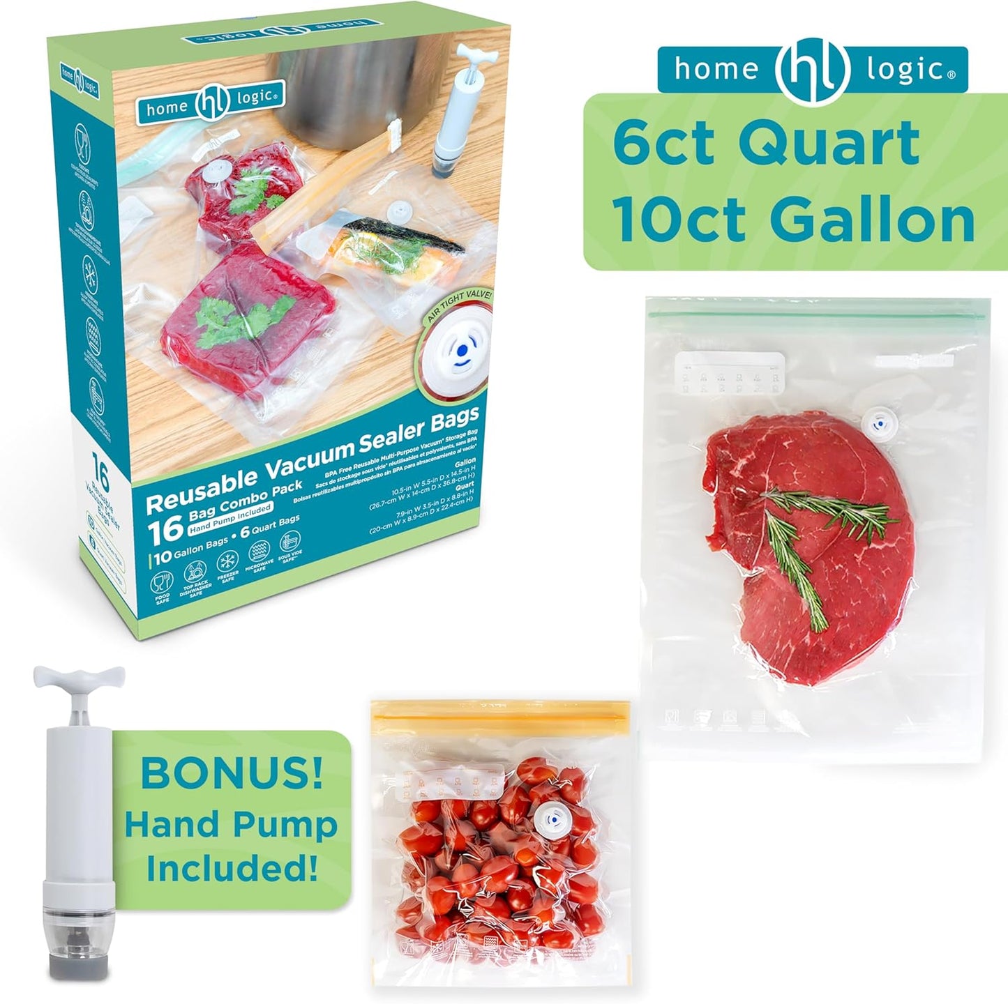 Home Logic Vacuum Sealer Reusable Bags Combo Pack – Freezer, Microwave & Sous Vide Safe Food Storage Bags – 10 Gallon Bags & 6 Quart Bags