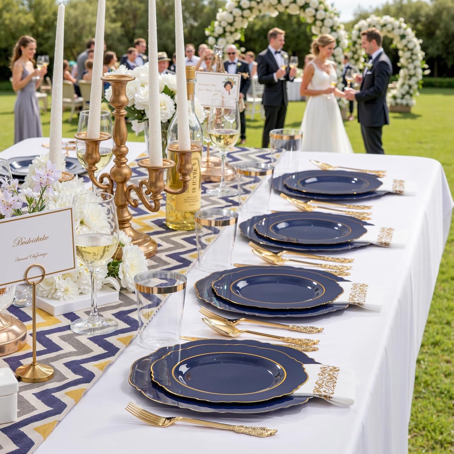 KIRE 210Pcs Navy Blue Plastic Plates - Blue Plates Disposable - 30guest Baroque Plastic Dinnerware for Upscale Wedding/Parties