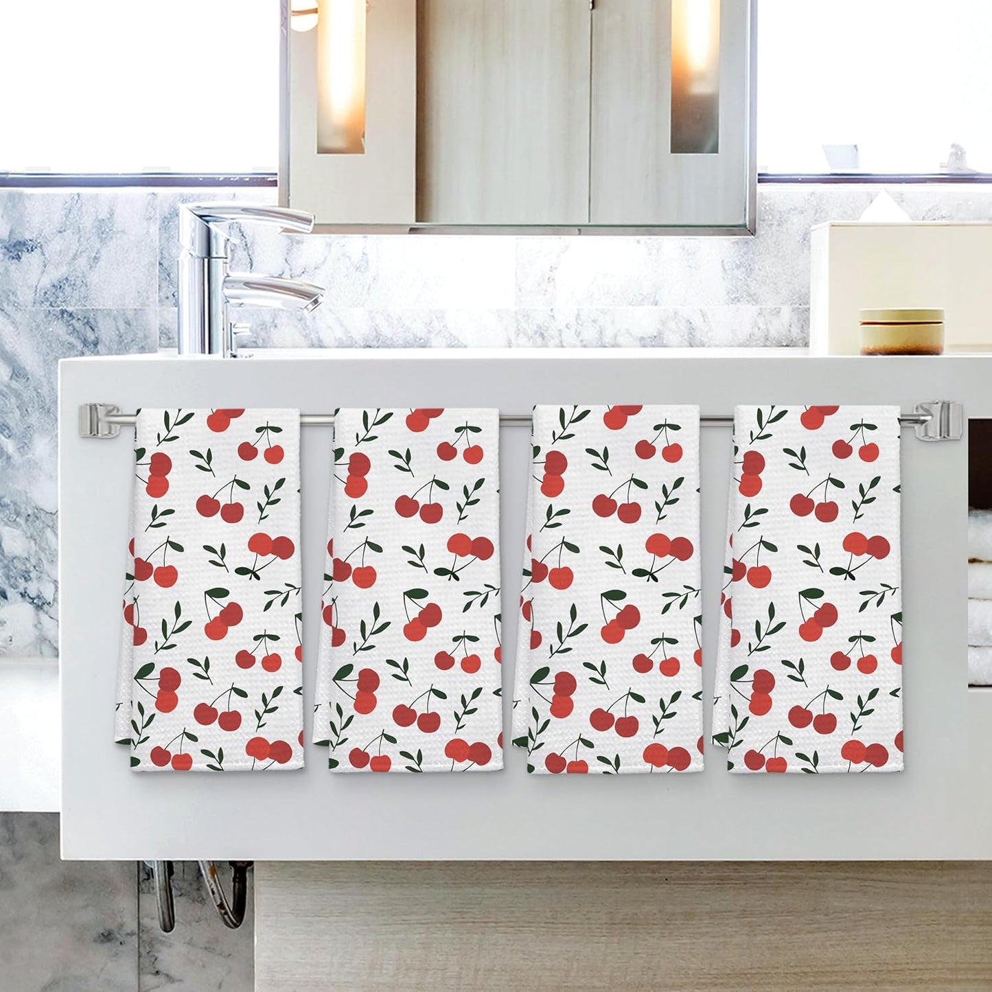 Cherry Decor Kitchen Towels Set of 4, Cherry Hand Towels Dish Towels for Kitchen Bathroom Decor, Fruit Lover Gifts, 16x24 Inches