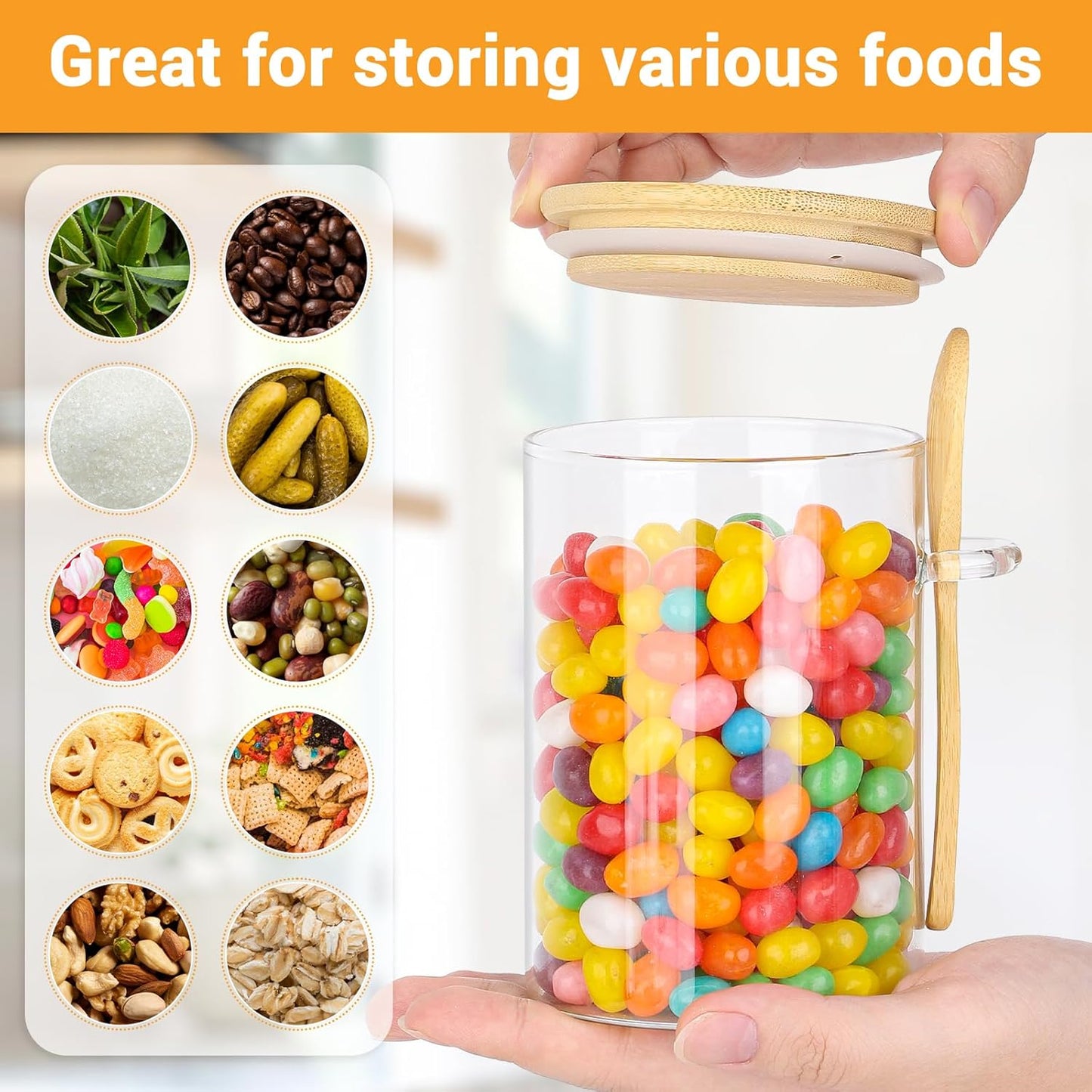 Glass Jars with Airtight Lid - 4 Pack 18 Fl.oz Round Glass Jar with Bamboo Lids and Spoon, Includes Labels and Marker, Coffee Sugar Containers for Spice, Oats, Candy, Cookies, Tea Canister