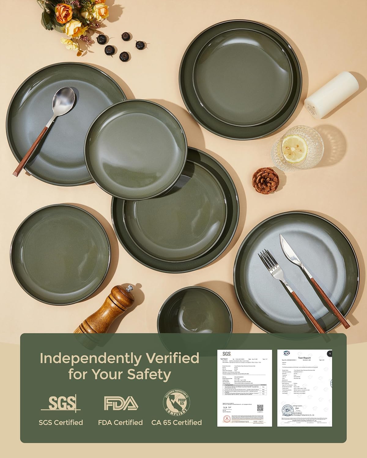 16 Piece Double Bowl Dinnerware Sets with Pasta Bowls, Highly Chip and Crack Resistant Plates and Bowls Sets, Natural Earthyware Ceramic Dishware Sets, Service for 4 Blackish Green