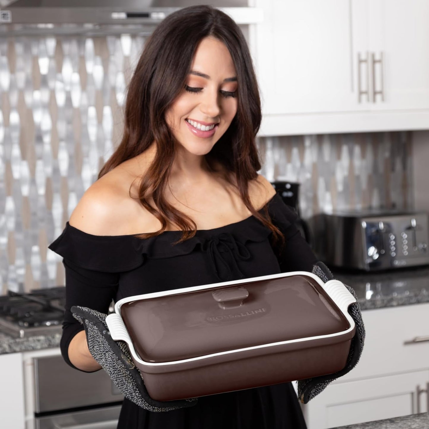 Stoneware Casserole Dish Bakeware Set with Lid, Covered Rectangular Dinnerware, Extra Large 4.23 Quart, 13 by 9 Inch, Oyster