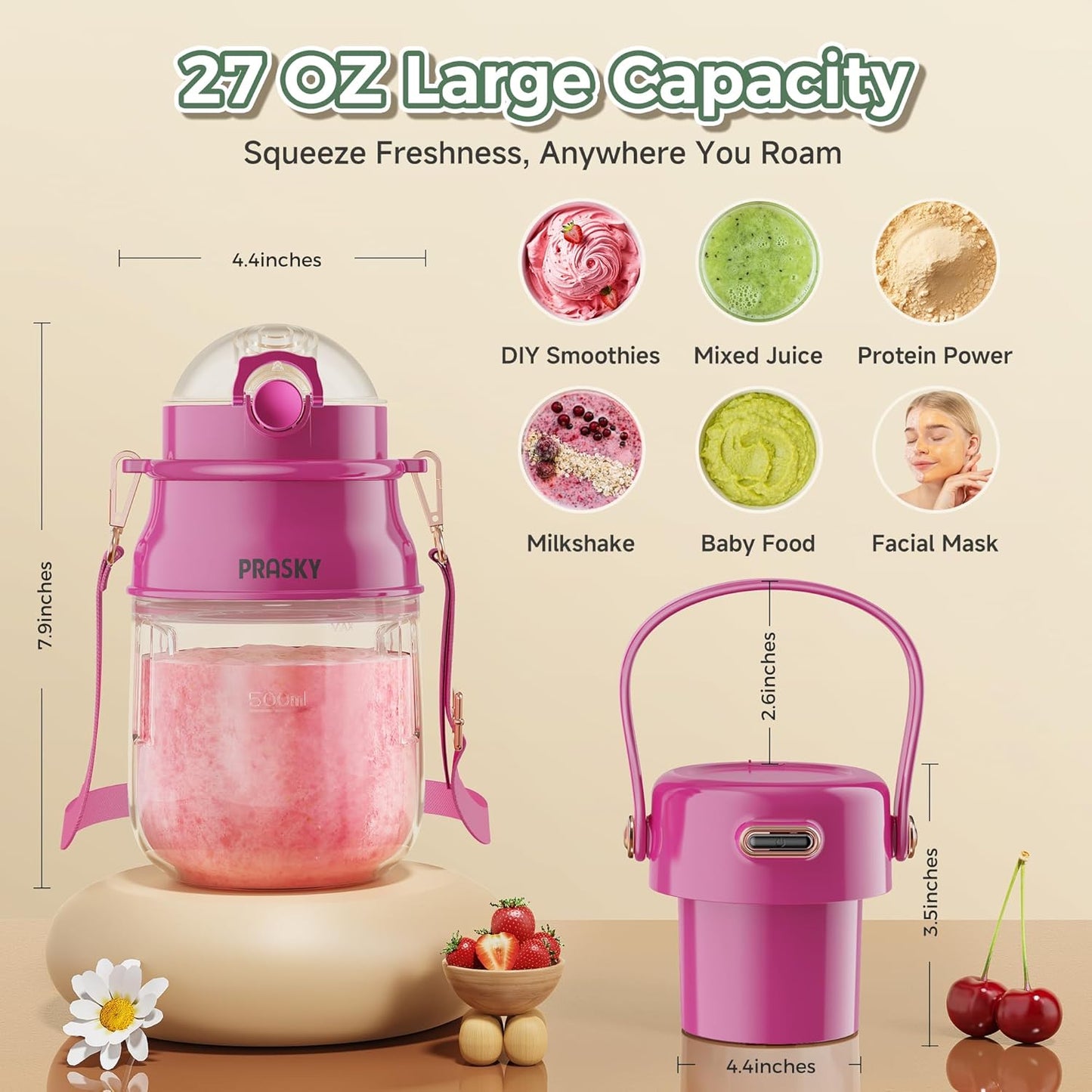 Portable Blender, Prasky Personal Blenders for Shakes and Smoothies with 27oz Cup, Lid and Shoulder Strap, Type-C USB Rechargeable, Personal Size Blenders BPA-free for Travel/Kitchen (Rose Red)