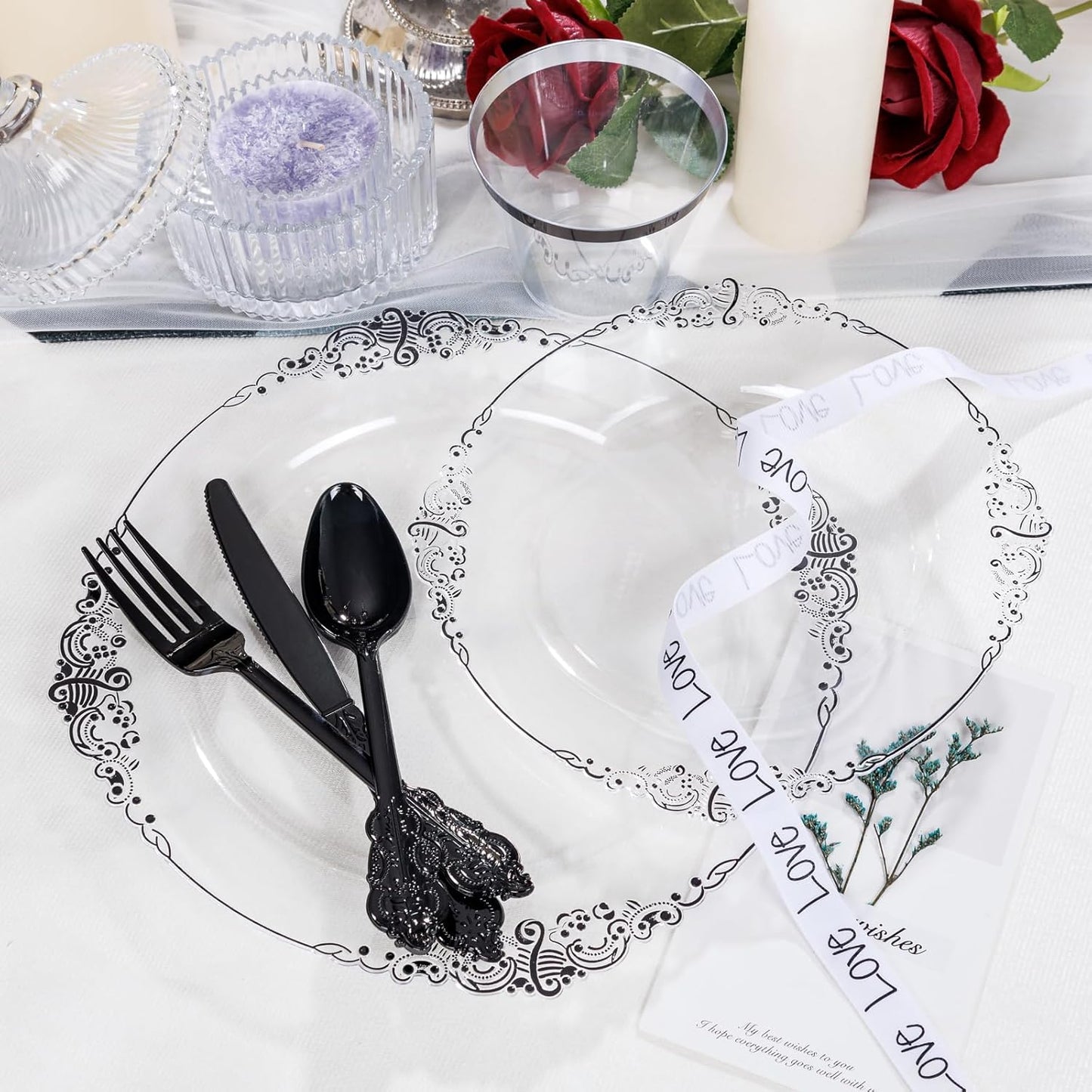 Hioasis 175pcs Clear Black Plastic Plates - Elegant Disposable Dinnerware Set Suitable for 25 Guests Include 10.25" Dinner & 7.5" Dessert Plates, Pre Rolled Silverware Set, Cups for Party & Halloween
