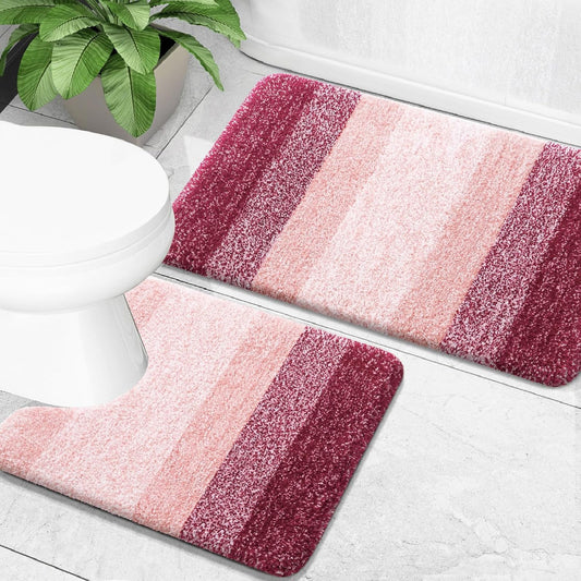 OLANLY Bathroom Rug Set 2 Piece, Soft Absorbent Microfiber Bath Mats and U-Shaped Contour Toilet Rug, Non-Slip, Machine Wash Dry, Plush Shaggy Bath Mats for Bathroom (24"x16"+24"x20", Red)