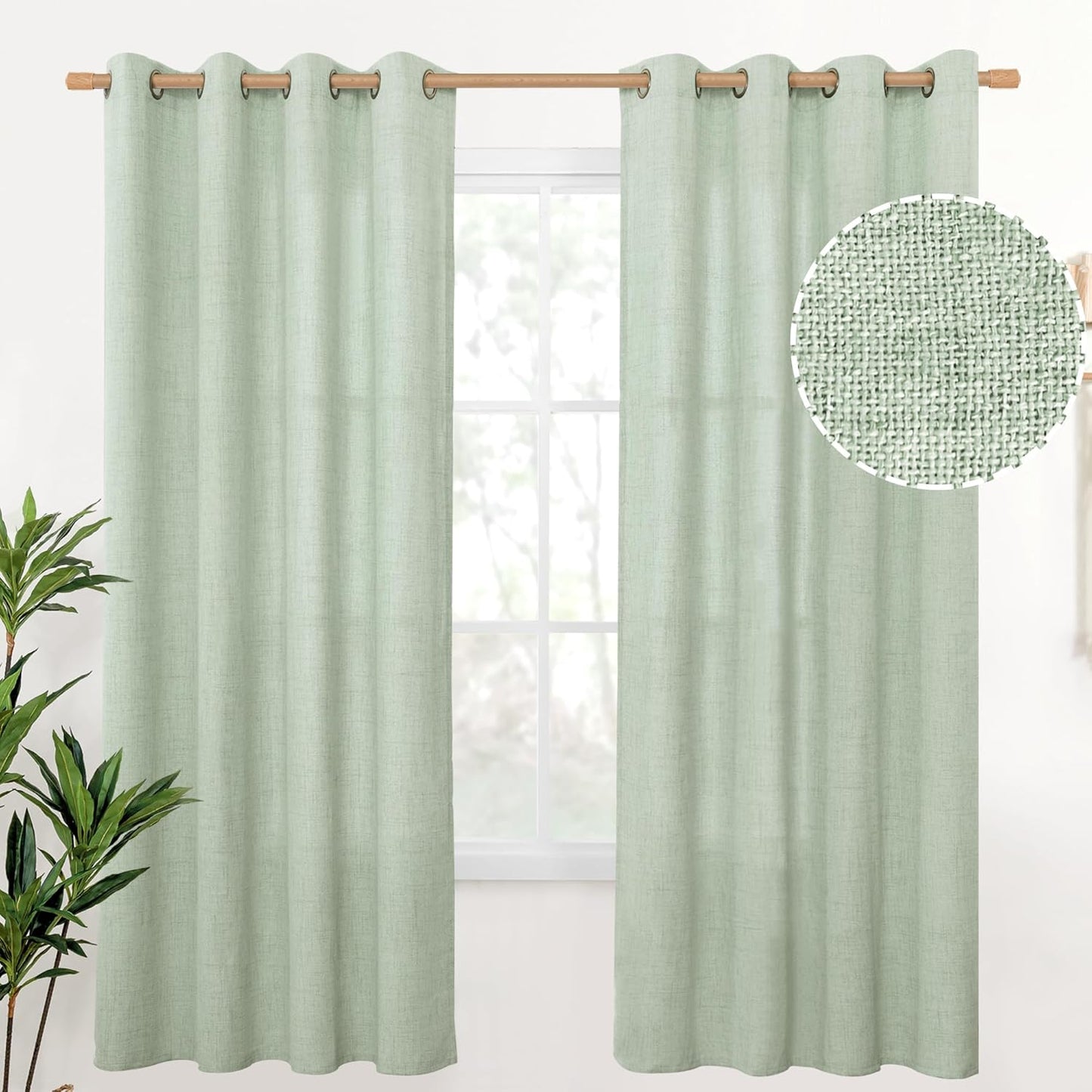 YoungsTex Sage Green Linen Curtains for Living Room 72 Inches Length - Semi Sheer Drapes Light Filtering with Bronze Grommet Window Treatments for Bedroom Dining Rustic, 2 Panels, 52 X 72 Inch