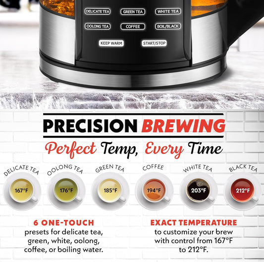 Gourmia Electric Programmable Glass Kettle – 1.7L Temperature Control Tea & Coffee Kettle with Digital Touch Display, 6 Presets, Keep Warm, Removable Stainless Steel Infuser, 360° Swivel Base – Peach