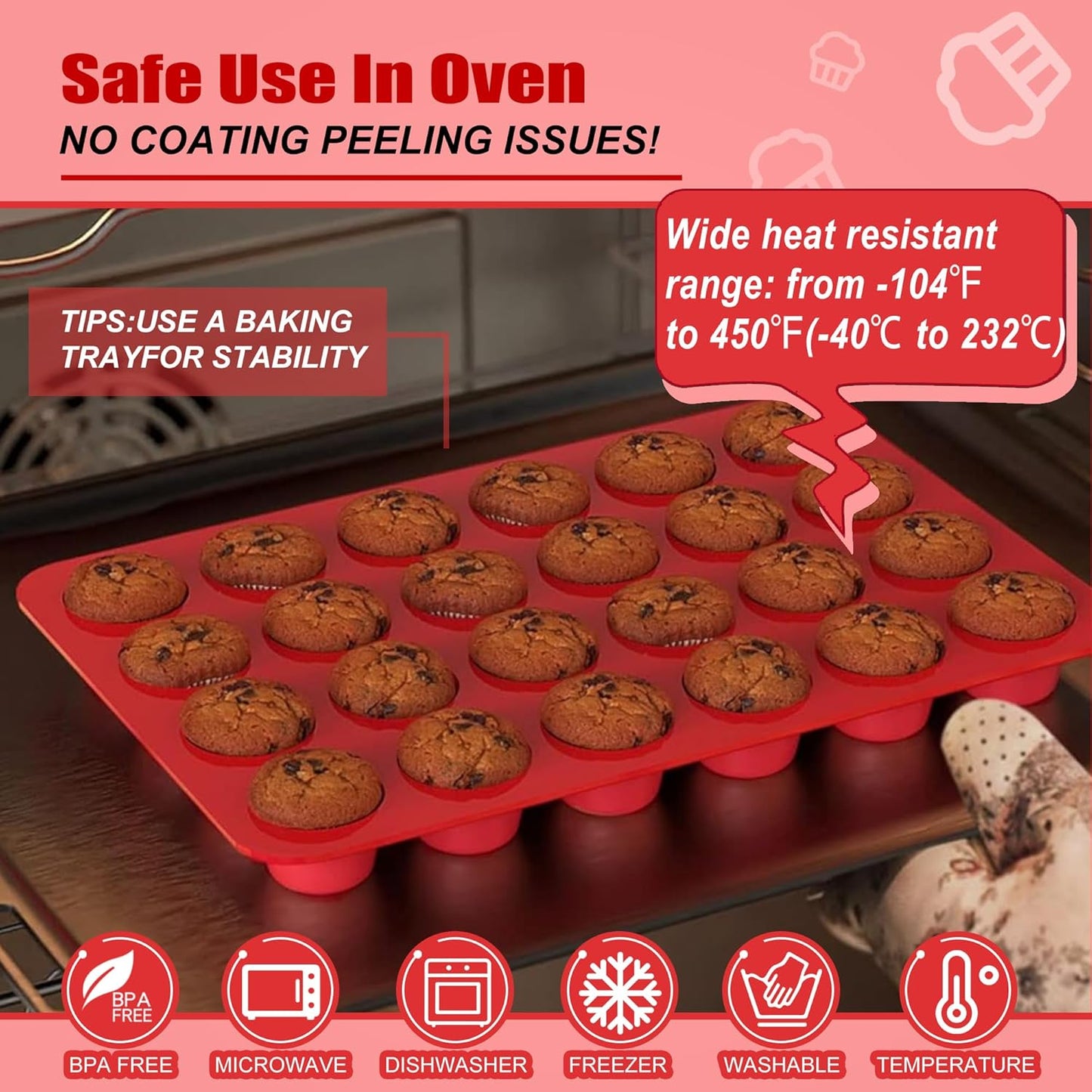 24 Cup Silicone Mini Muffin Pan,Nonstick Food Grade Silicone Baking Cups, Great for Making Muffin Cakes, Tart, Bread- Just Pop Out