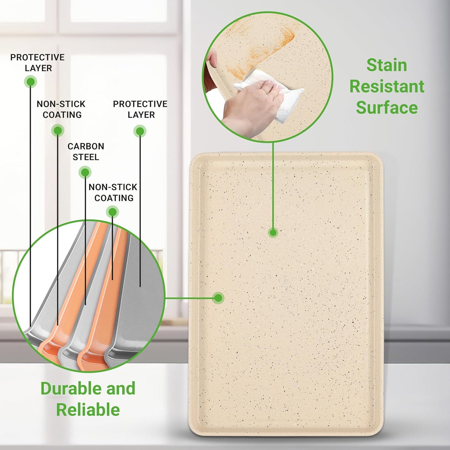 NutriChef 8-Piece Stackable Bakeware Set - Carbon Steel Non-Stick Baking Pan Set, Sheet, Muffin, Round, Loaf, Square Cake & Deep Pans, 450°F Heat Resistant, Standard & Convection Ovens (Marble Cream)