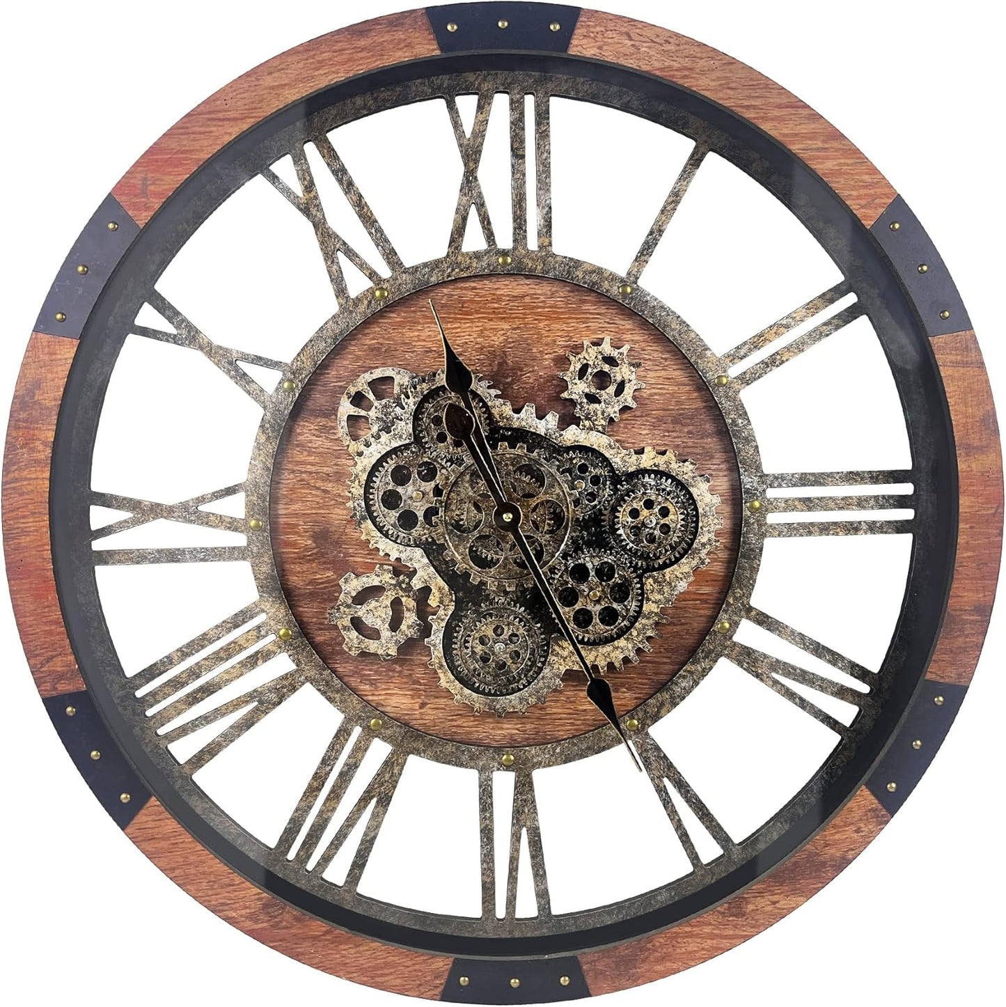 DORBOKER 30" Large Wall Clock Moving Gears,Oversized Industrial Rustic Farmhouse Clocks for Living Room Decor Office Home, Solid Wood Retro Metal HD Tempered Glass Cover, Brown and Vintage Bronze