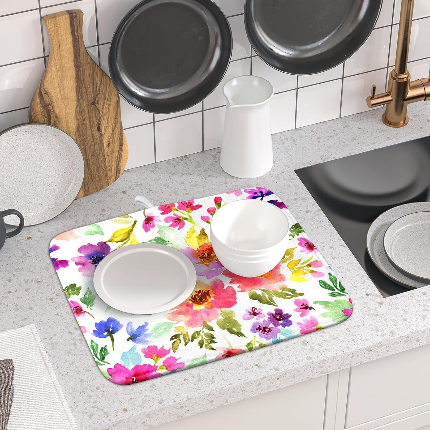 Floral Dish Drying Mats for Kitchen Counter 16×18 Inch Drying Mat for Dishes Microfiber Dish Rack Mat Kitchen Decor Watercolor Flowers Drainer Pad Washable Foldable Ultra Absorbent Dry Mat