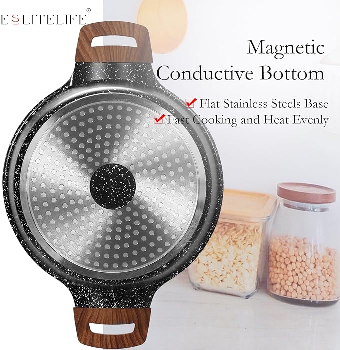 ESLITE LIFE Nonstick Stock Pot with Lid, 7 Quart Granite Casserole Large Soup Pot Pasta Cooking Pot, Induction Compatible, PTFE & PFOA Free, Black