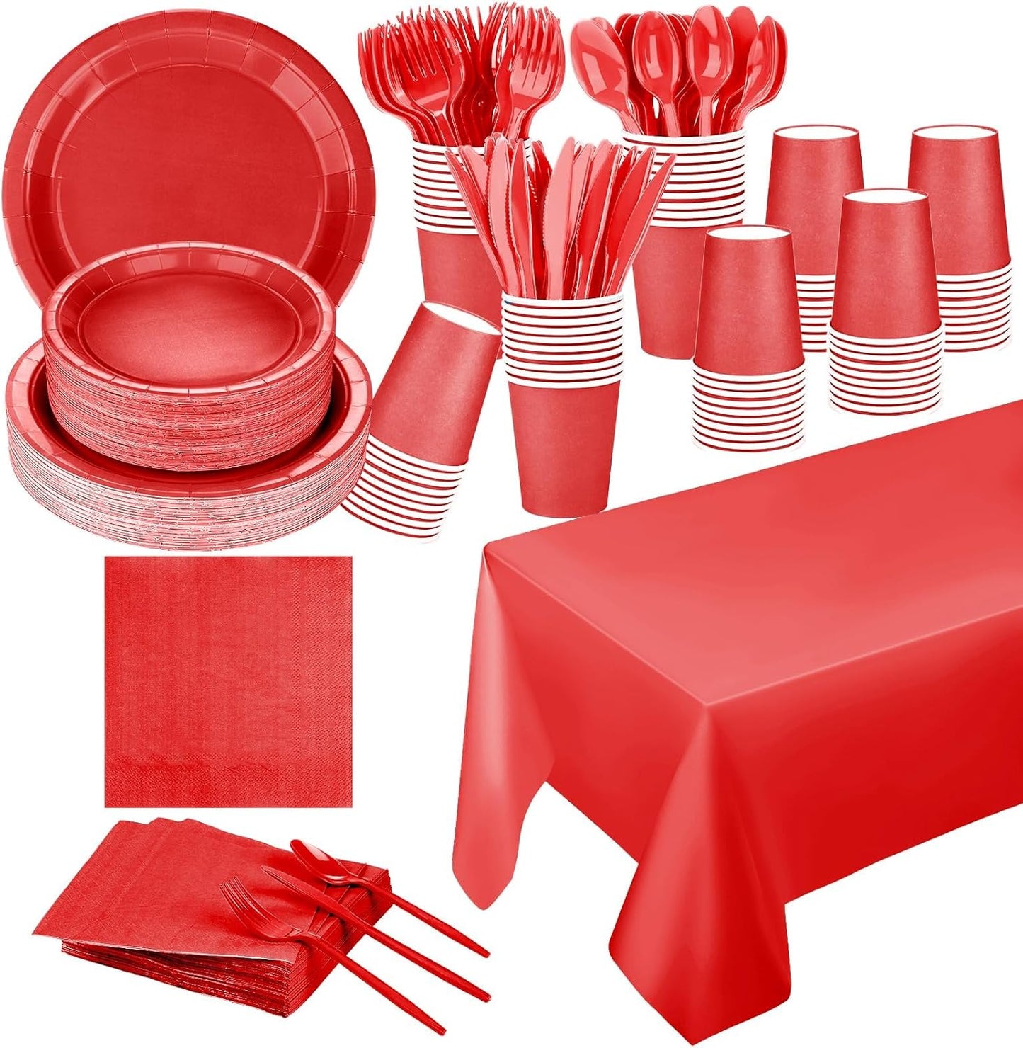 TWOWYHI 229PCS Red Party Supplies Set Paper Disposable Plates Cups Plastic Spoons Forks Knives Red Napkins for 30 Guests Disposable Party Dinnerware Sets for Wedding Birthday Parties