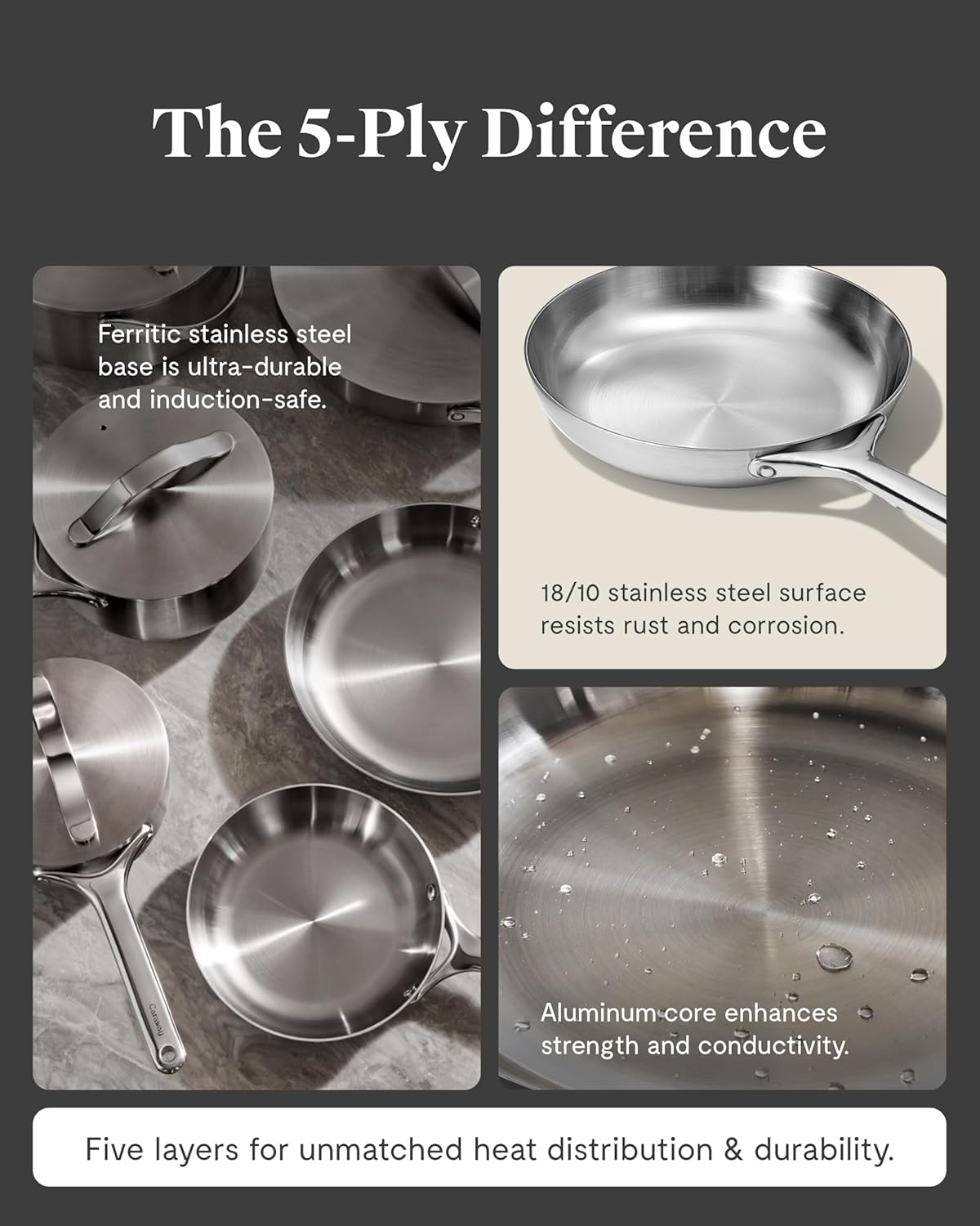 Caraway Stainless Steel Deluxe Cookware Set (16 Piece) - 5-Ply Stainless Steel Pots, Frying Pans, Lids and Kitchen Storage - Non Toxic, PTFE & PFOA Free