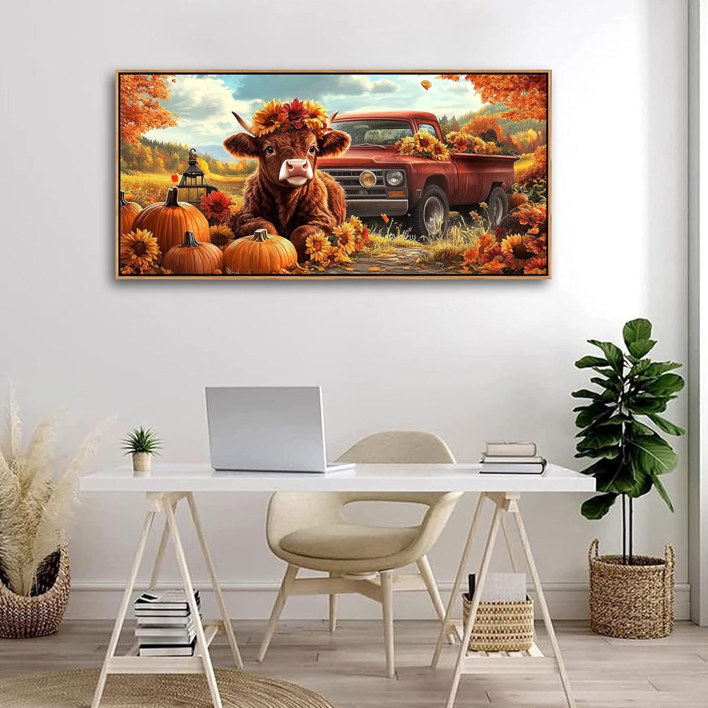 QZQCBLC Large Fall Wall Art - Orange Retro Farm Landscape Paintings Artwork Red Truck Cute Cow Pumpkins Sunflowers Rustic Autumn Canvas Picture for Living Room Bedroom Office Home Decor 24"X48"