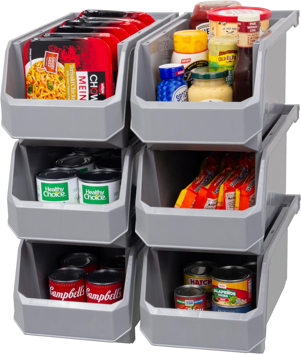 Plastic Containers for Organizing and Storage Bins for Closet, Kitchen, Office, Garage or Pantry Organization, Stackable Bins, Large (14.8" x 8" x 7"), 6-Pack, Grey